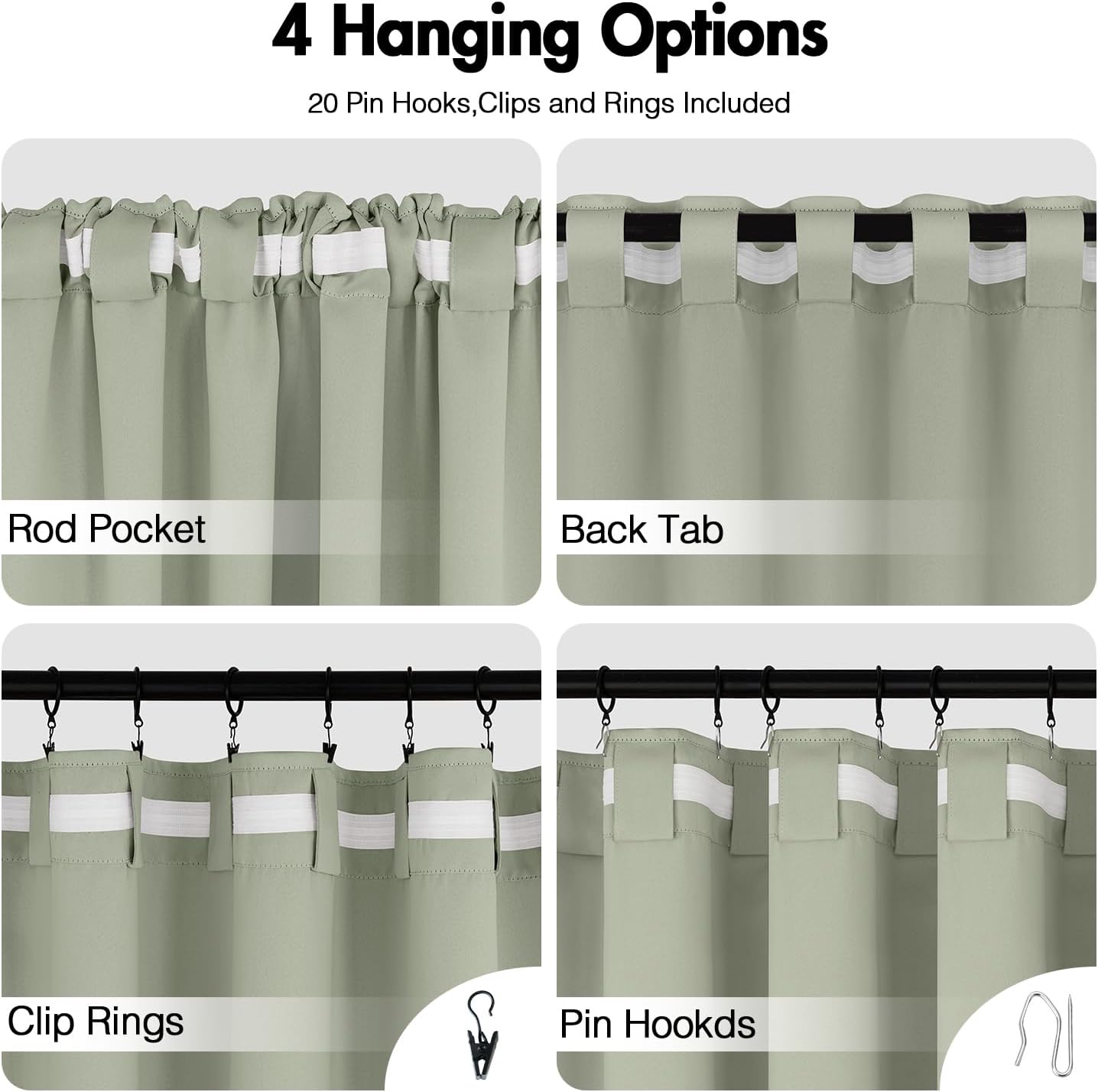 ANRODUO Back Tab Blackout Curtains for Bedroom Living Room, Rod Pocket Pinch Pleated Thermal Insulated Room Darkening Curtains 54 Inches Long 2 Panels, Sage Green, 42 x 54 Inch