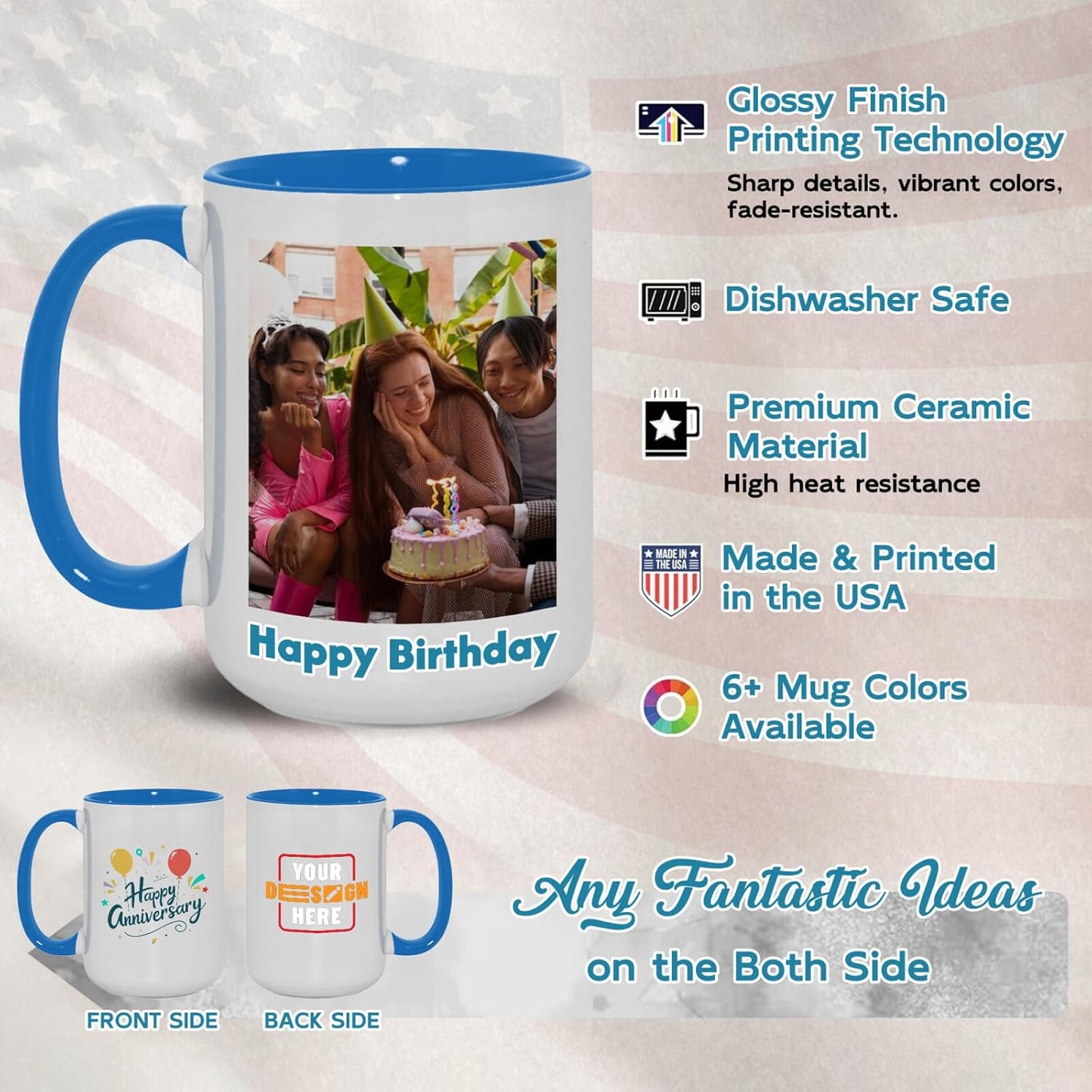 Ship Next Day Custom Mug Design Your Own Photo Text Personalized Picture Gifts for Women Men Customized Gift Idea Personalized Coffee Mugs 11oz Blue Handle