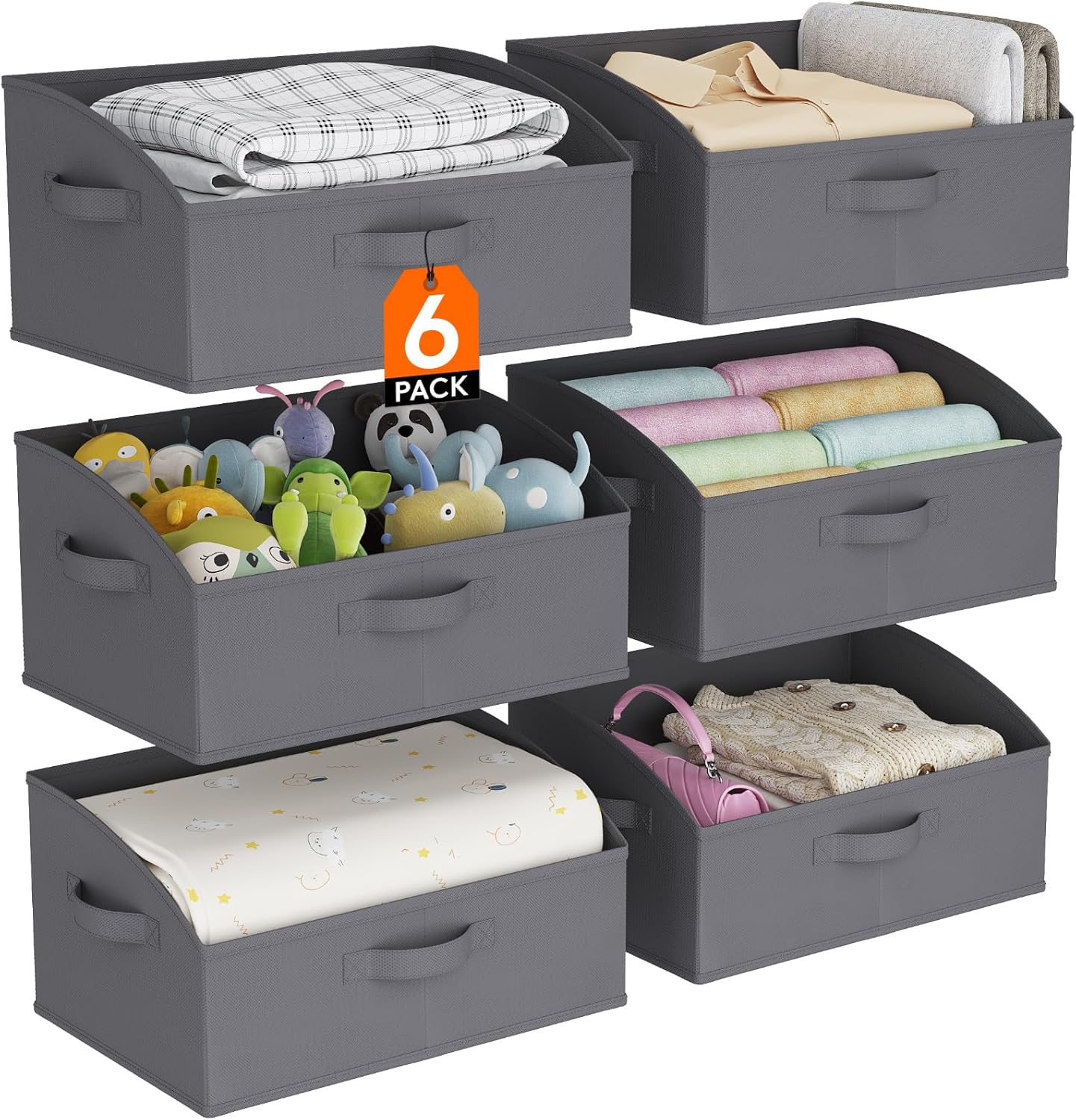 Lifewit Storage Baskets for Shelves, 6 Packs Non-woven Fabric Trapezoid Closet Organizer Bins with Handles, Foldable Clothing Containers Box for Clothes, Toy, Towel, Book, DVD, Hats, Medium-Grey