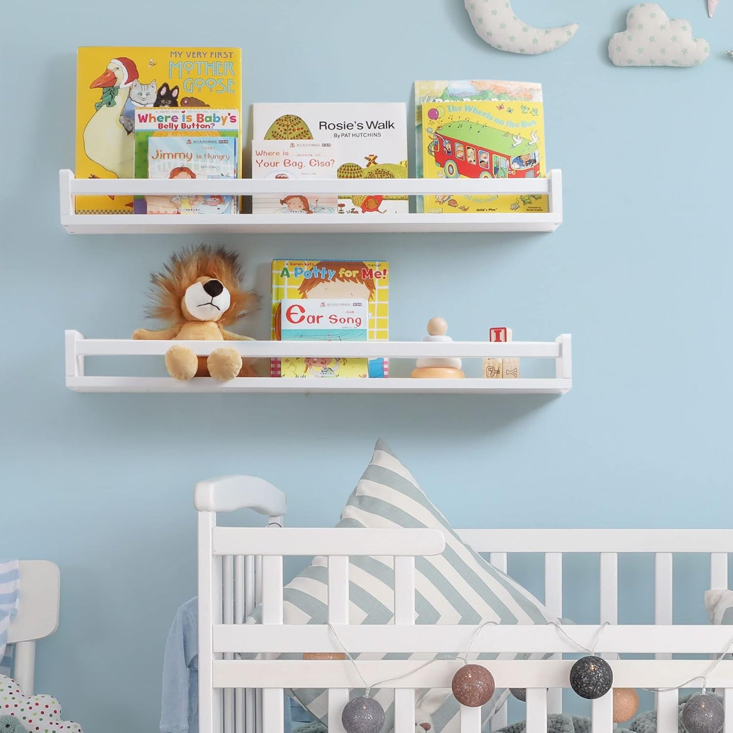 Fun Memories Nursery Book Shelves - Rustic Natural Solid Wood Floating Bookshelf for Kids - Wall Book Shelves for Kids Room (White, 32inch - 4P)