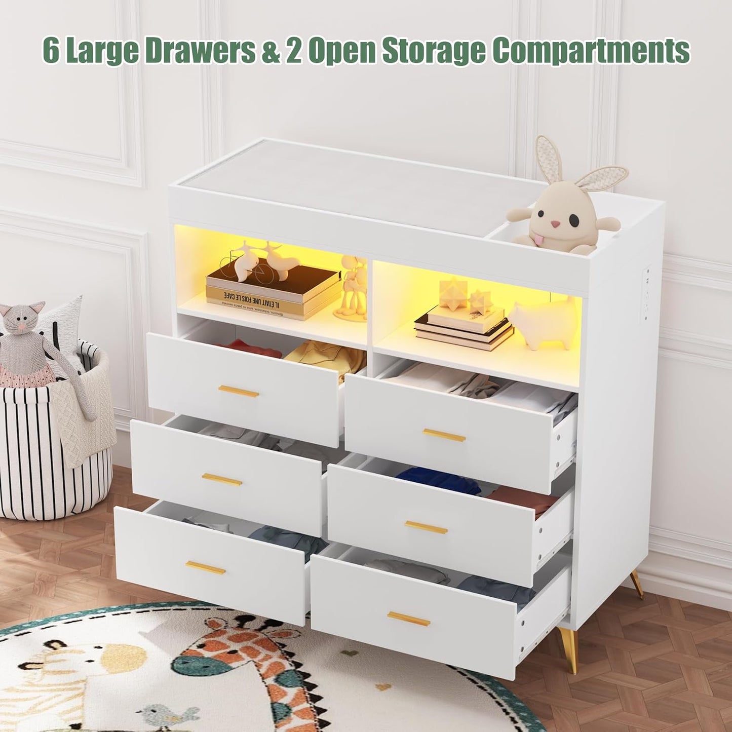 GarveeHome Dresser for Bedroom with 6 Drawers, Baby Changing Table Dresser with Changing Pad, LED Lights & Charging Station, Baby Changing Station with Changing Table Top, White