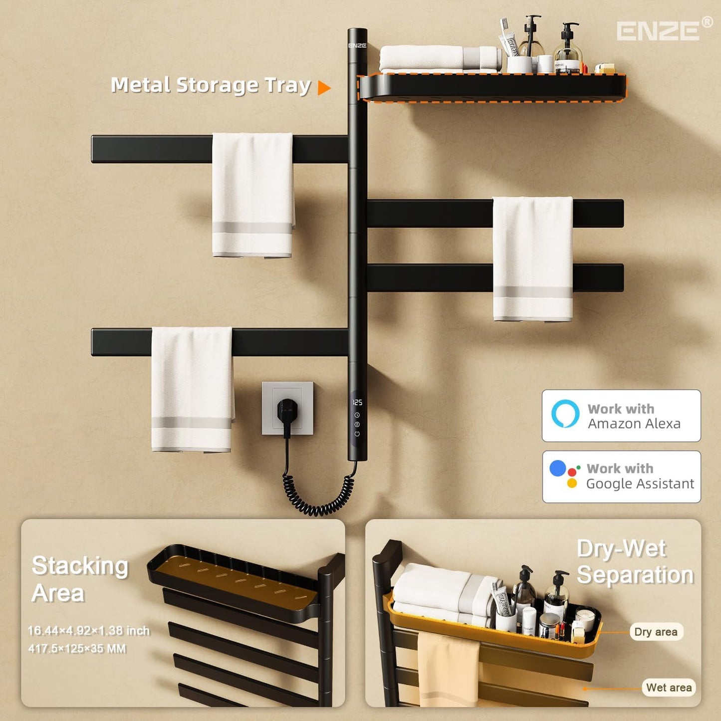 ENZE Smart Rotating Heated Towel Rack for Bathroom, Wall-Mounted Electric Towel Dryer with Swivel Bars & Shelf, Smart Timer, Low Carbon Steel, Plug-in/Hardwired, Towel Warmer with Wi-Fi App Control