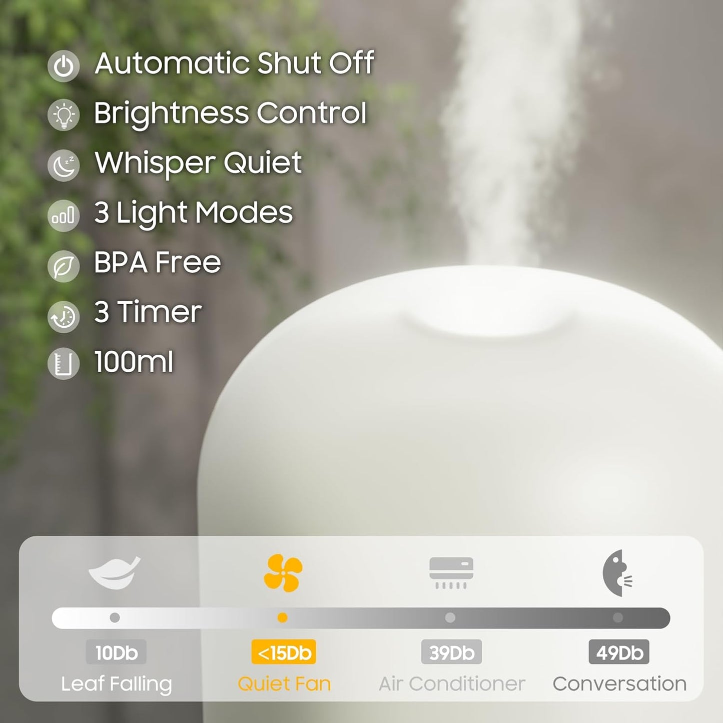 Essential Oil Diffuser, Quiet 6-in-1 Premium Humidifier, 100ml Small Aromatherapy Diffuser with Auto Shut-Off Function, Ultrasonic Diffusers for Essential Oil