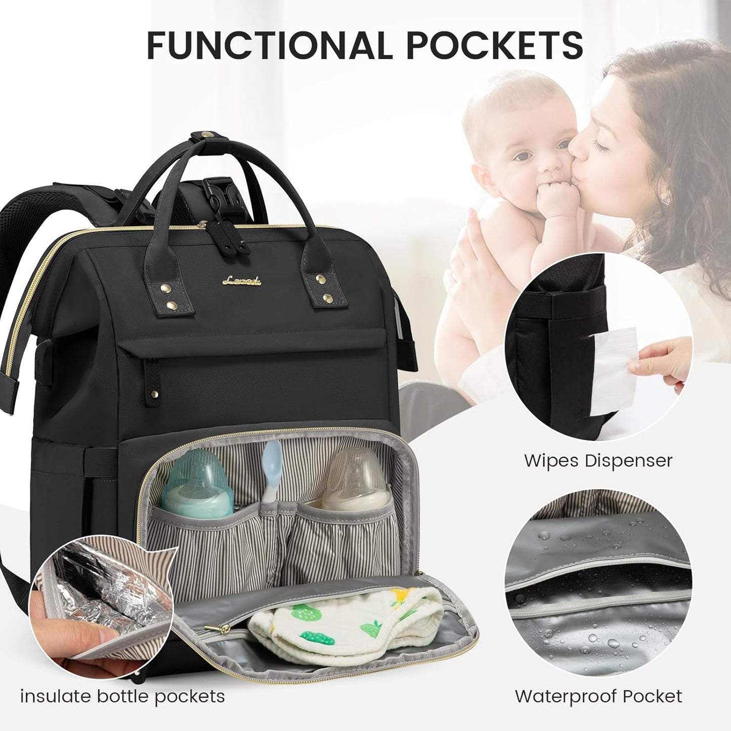LOVEVOOK Diaper Bag Backpack, Baby Bag with Changing Station, Large Diaper Backpack for Moms Dads, Waterproof Leather Accents Baby Boy and Girl Bag for Travel Baby Essentials, Black