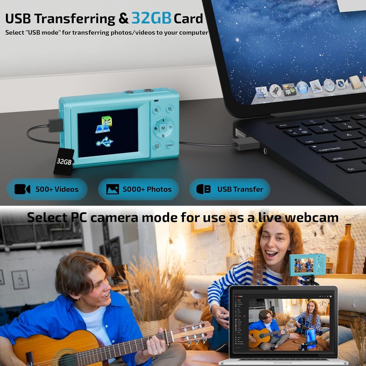 Upgrade Digital Camera, FHD 4K 44MP Autofocus Digital Point and Shoot YouTube Camera with 16X Zoom, 32GB SD Card, Compact Digital Camera Cheap for Teens Boys Girls Kids Blue Camera
