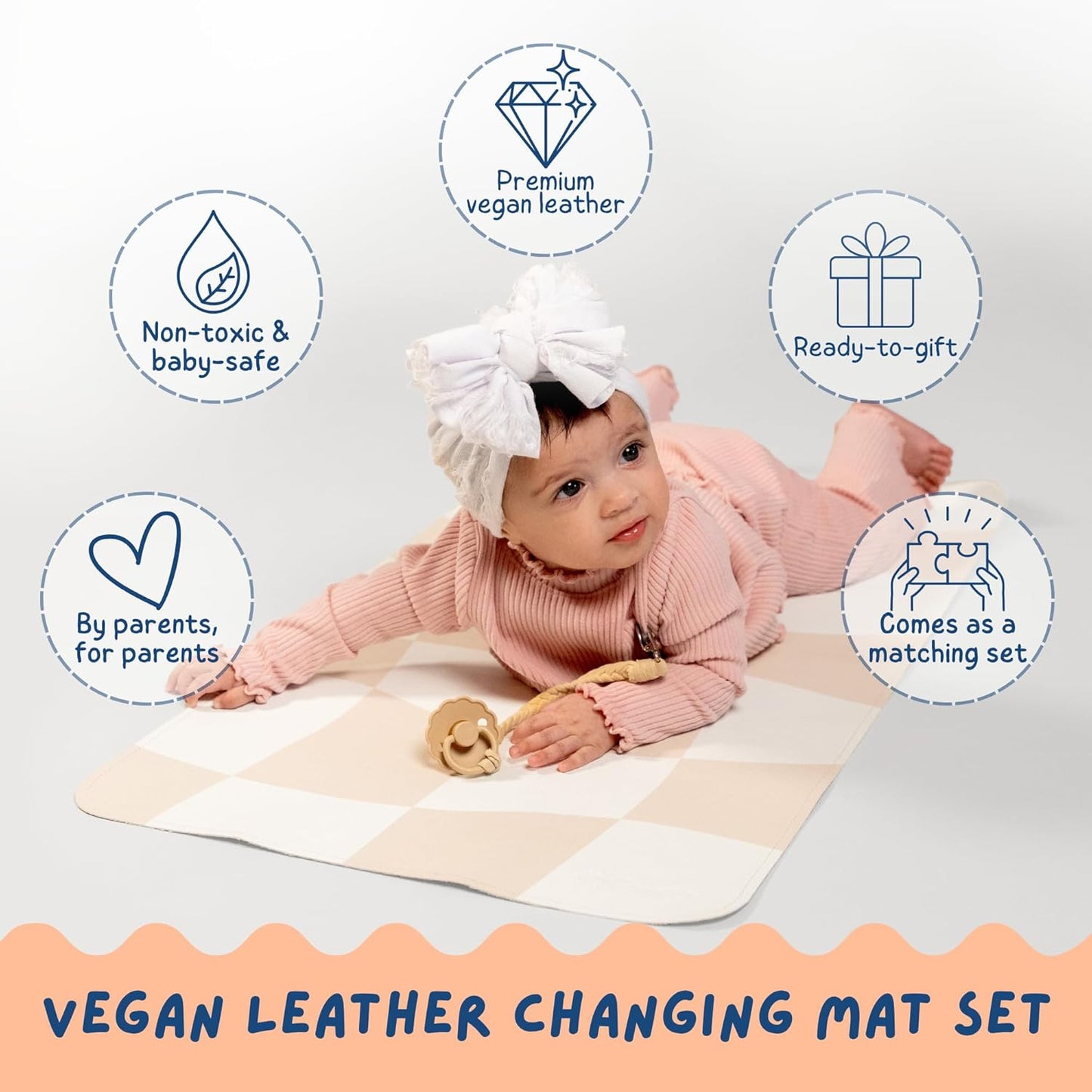 Leather Changing Mat with Reusable Waterproof Wet Bag, (16 x 30 Inches) Baby Changing Mat, Non-Toxic Changing Pad Portable Folds and Wipes Clean, Baby Changing Pad Travel (Smiley Face)