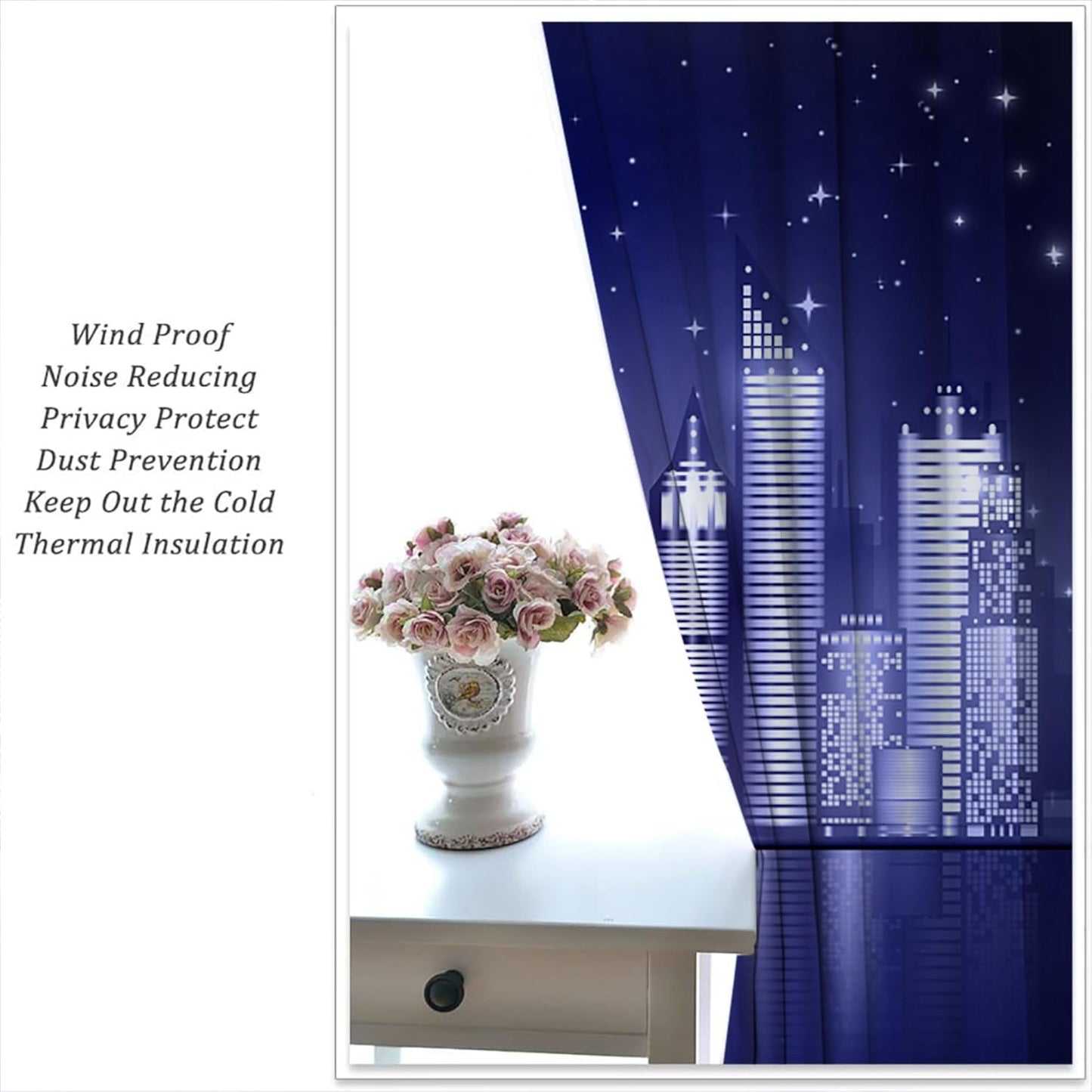 City Rod Pocket Blackout Curtains for Boy Girl Bedroom, New York Skyline Modern City Starry Sky Night View Home Energy Efficient Light Filtering Window Curtain for Living Room, 84x63 inch