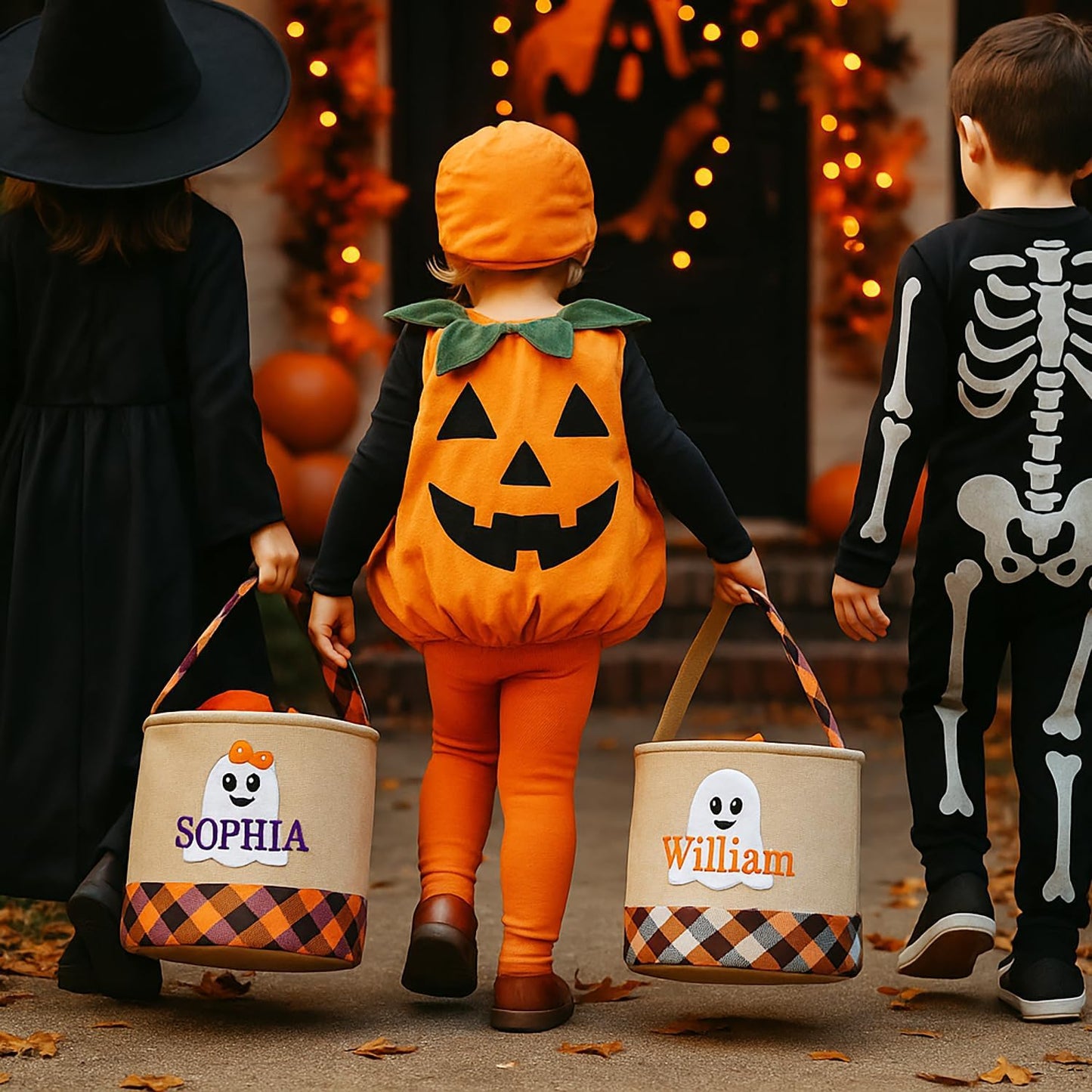 Personalized Halloween Trick or Treat Bag with Name – Custom Embroidered Candy Bucket for Kids, Cute Ghost Design Basket, Reusable Fabric Canvas Pumpkin Tote Gifts for Boys & Girls (Ghost)