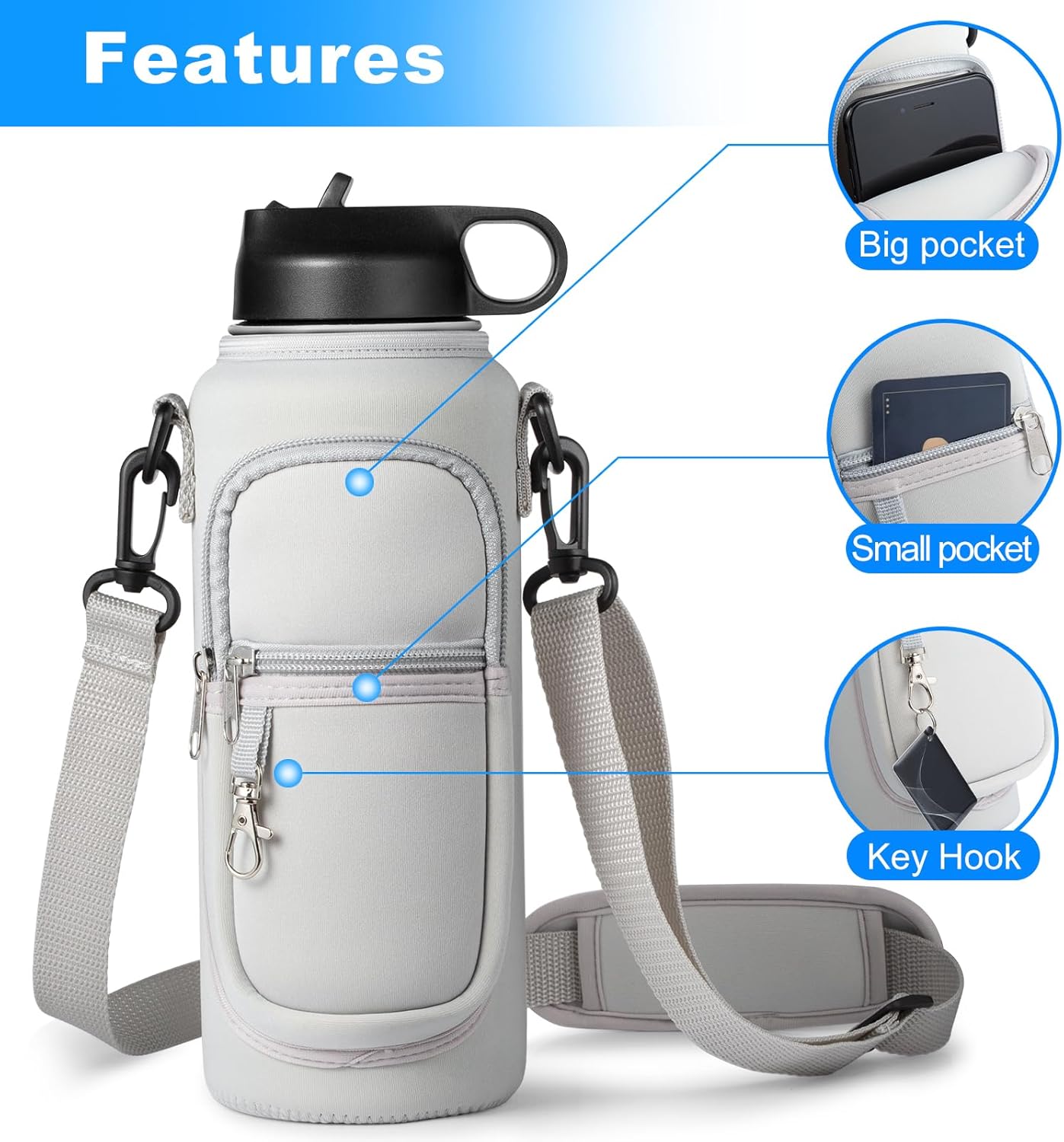 Water Bottle Holder with Strap for Hydroflask 32oz 40oz, Carrier Sling Bag with Phone Pocket Sleeve for Men Women Hiking Camping Travelling (Gray40oz)