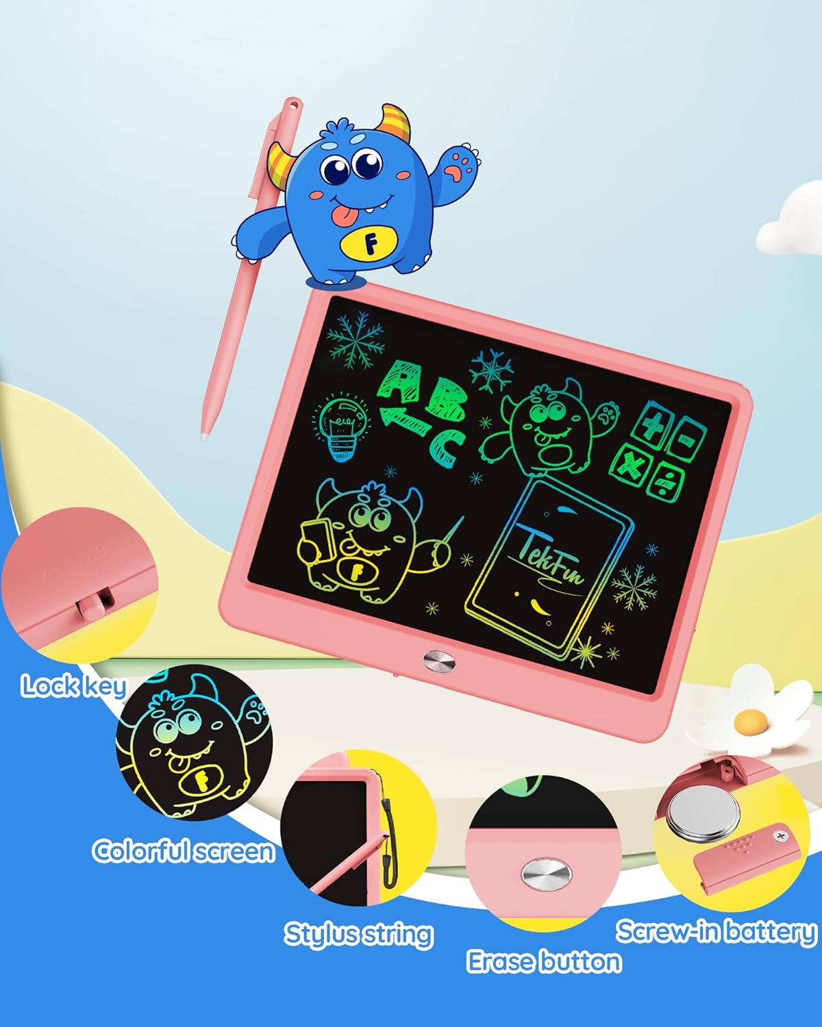TEKFUN LCD Writing Tablet for Kids Girls Toys, 12 Inch Erasable Drawing Tablet Doodle Board Colorful Doodle Pad, Gifts for Toddlers Girls Adults (Pink)