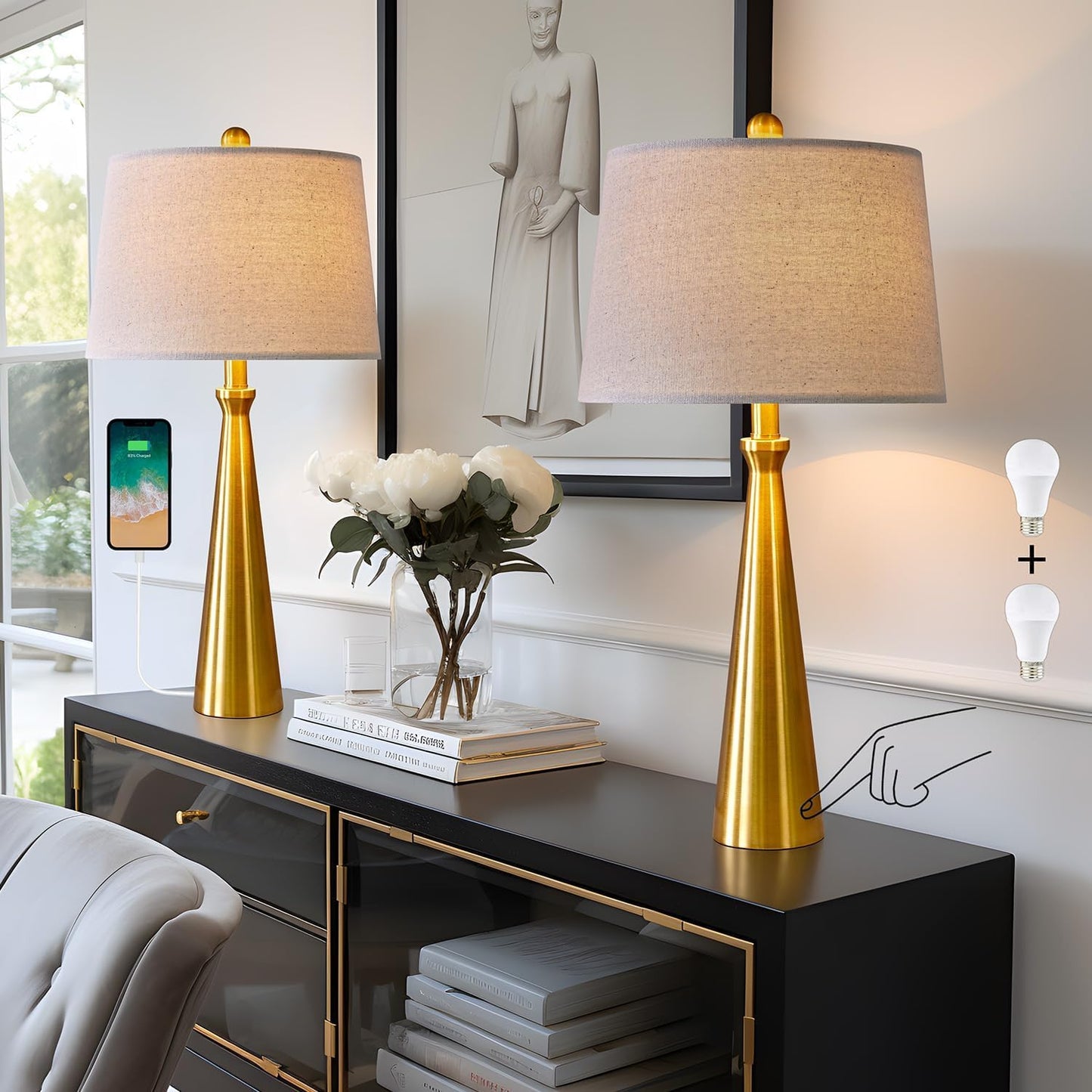 Oneach 25.75" 3-Way Dimmable Touch Control Modern USB Table Lamp Set of 2 for Living Room Bed Room Bedside Nightstand Lamps Fabric Shade Vintage Accent Light Gold Antique Brass