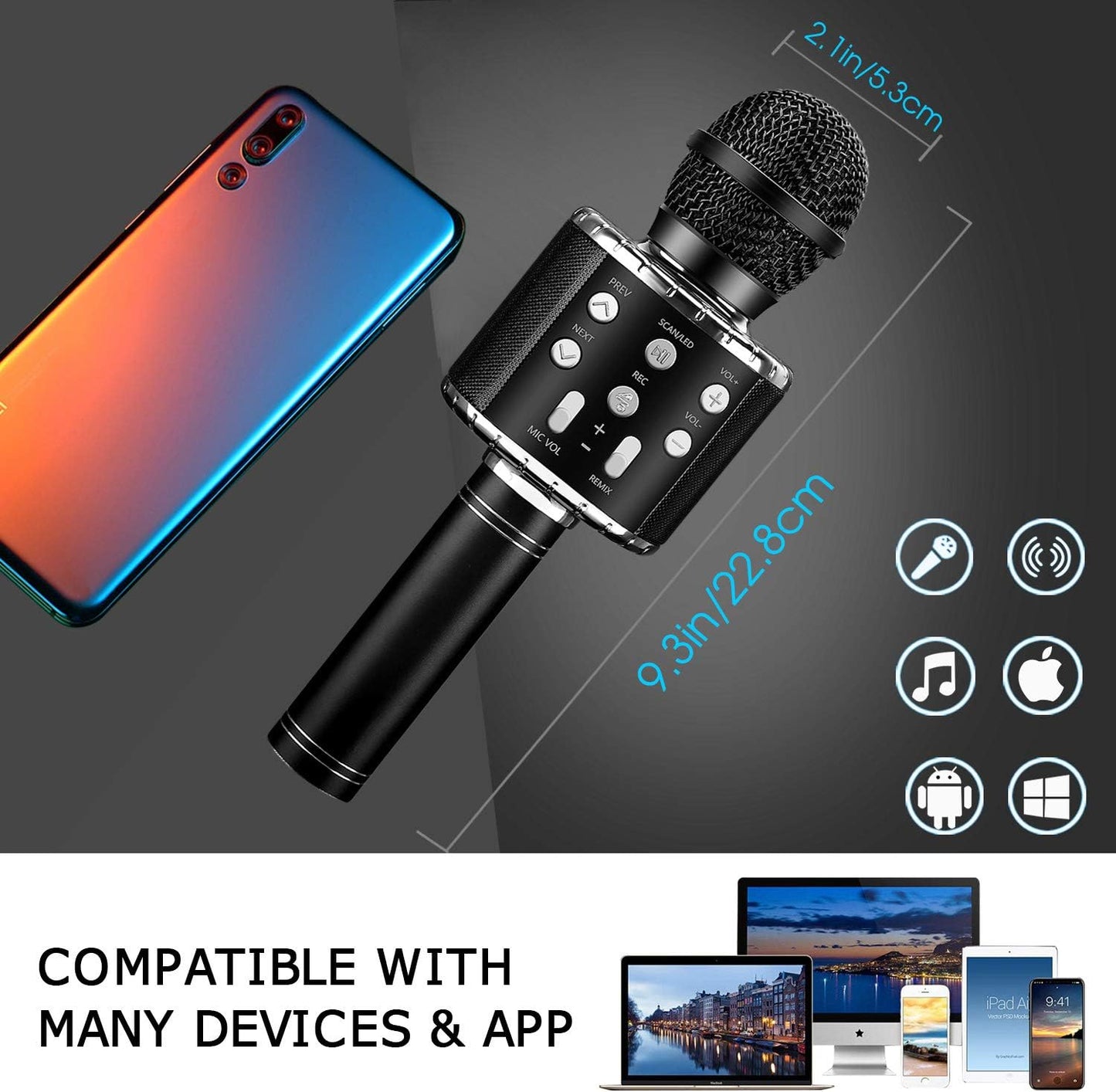 BlueFire 4 in 1 Karaoke Wireless Microphone with LED Lights, Portable Microphone for Kids, Great Gifts Toys for Kids, Girls, Boys and Adults (Black)