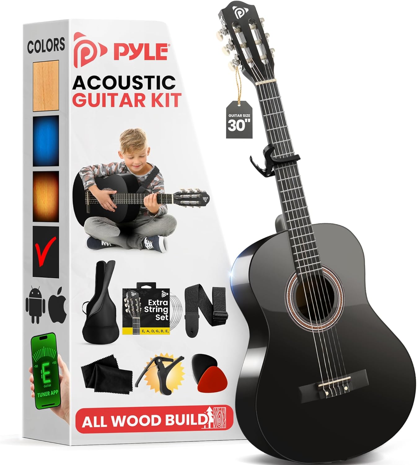 Pyle Beginner Acoustic Guitar Kit, 1/4 Junior Size All Wood Build Nylon String Instrument with Capo, Gig Bag, Strap, Extra String Set, Guitars for Beginners Adults and Youth, 30" Black Gloss