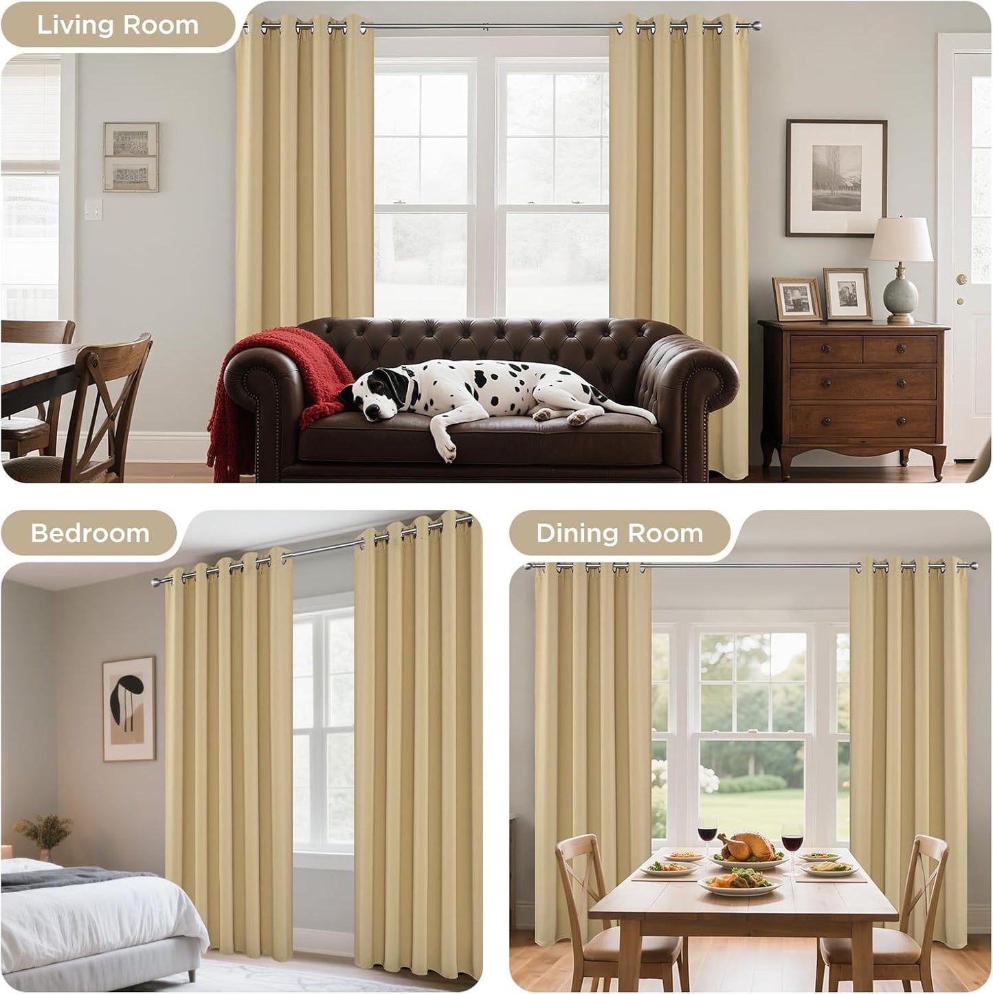 Joydeco Blackout Curtains 72 Inch Length 2 Panels Set, Thermal Insulated Long Curtains& Drapes 2 Burg, Room Darkening Grommet Drapes for Living Room Bedroom Window (W52 x L72 Inch, Beige)