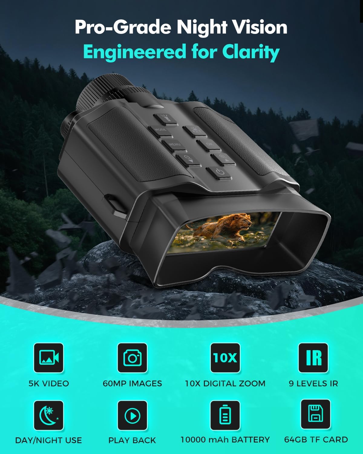 Night Vision Goggles for Adults, Night Vision Binoculars with10000mAh Rechargeable Battery, 3.99" HD Screen & 64GB Card, Infrared Binoculars for Hunting, Camping, Surveillance