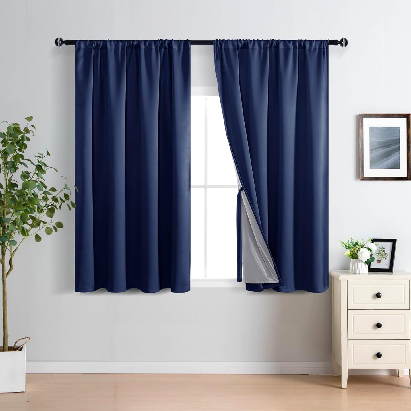 XWZO 100% Blackout Curtain Panels - Thermal Insulated Black Liner Rod Pocket Curtains, Noise Reducing Heat Blocking Drapes for Hall and Studio Windows with Tiebacks, Navy Blue, W42 x L45, Set of 2