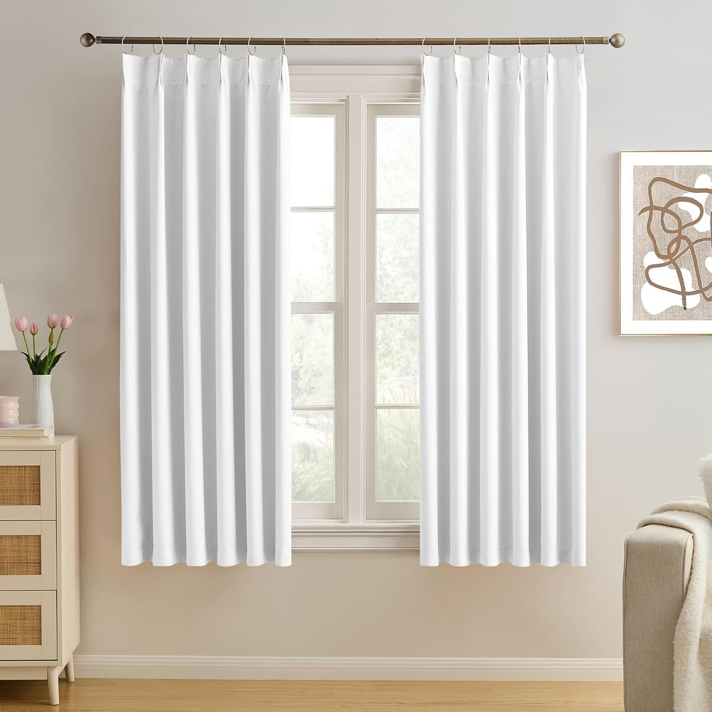 KEQIAOSUOCAI Pleated White Curtains 72 Inches Long for Bedroom,Half Blackout Room Darkening Memory Shape Window Curtain 72 Inch Length 2 Panel Set,Pinch Pleated Drapes with Hooks,40 by 72,Set of 2