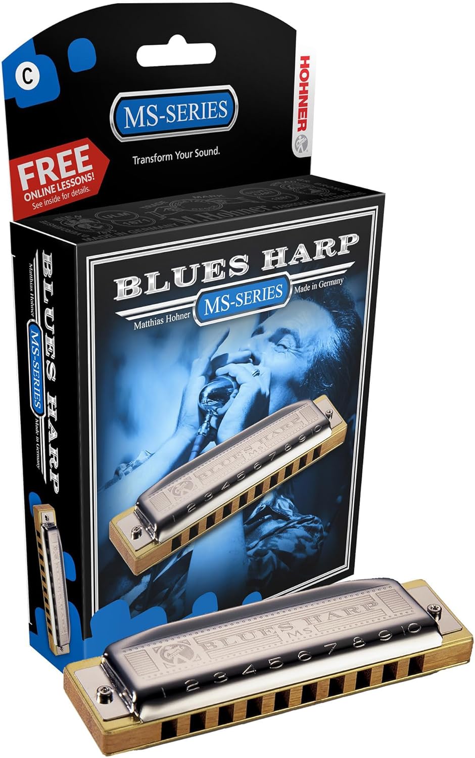 Hohner 532 Blues Harp MS Harmonica - Key of G Bundle with Case, Key Stickers, Harmonica Beginner Online Manual, and Austin Bazaar Polishing Cloth