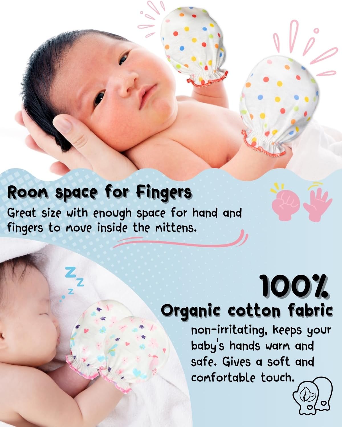 RATIVE Newborn Baby Cotton Gloves Sleep Sleeping No Scratch Mittens Mitts Set for 0-6 Months Unisex Neutral Boys Girls (6 pairs/white)