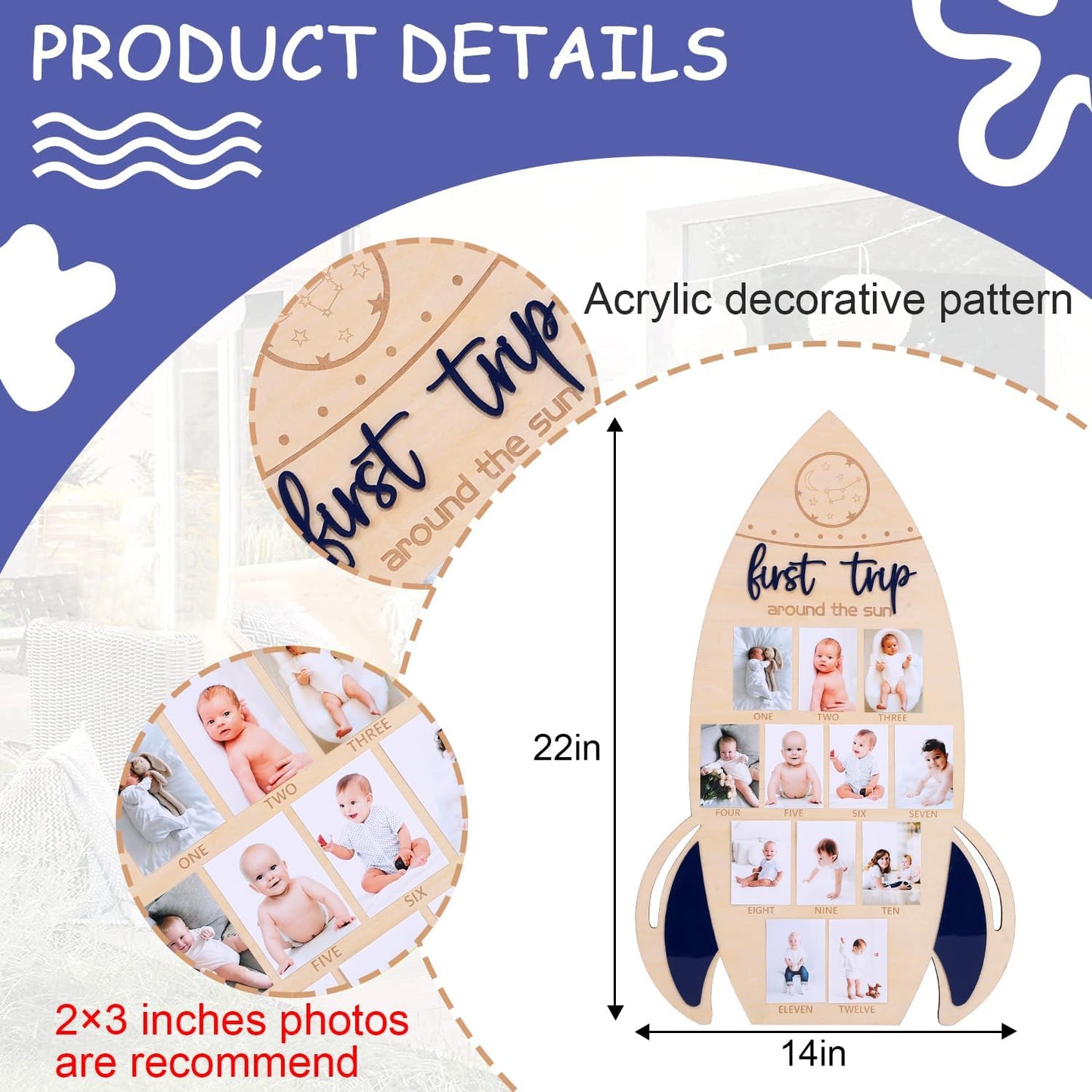 First Trip Around The Sun Photo Board - My First Year Frames, First Year Milestones Photo Board, 12 Month Photo Decorations, Girl/Boy 1st Birthday Decorations