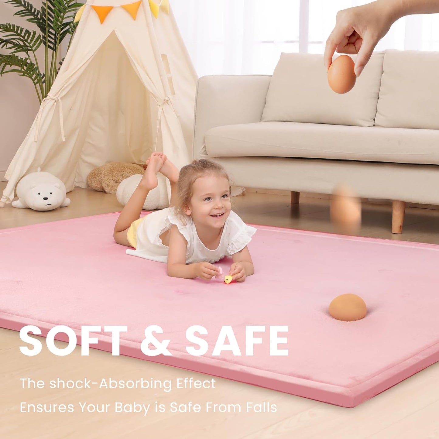 Baby Play Mat for Floor,1.3" Thick Memory Foam Tummy Time Mat for Toddlers,Infants,Kids,Soft Coral Velvet,Extra Large Non Slip for Crawling,Yoga,Tatami Style for Living Room(Pink)
