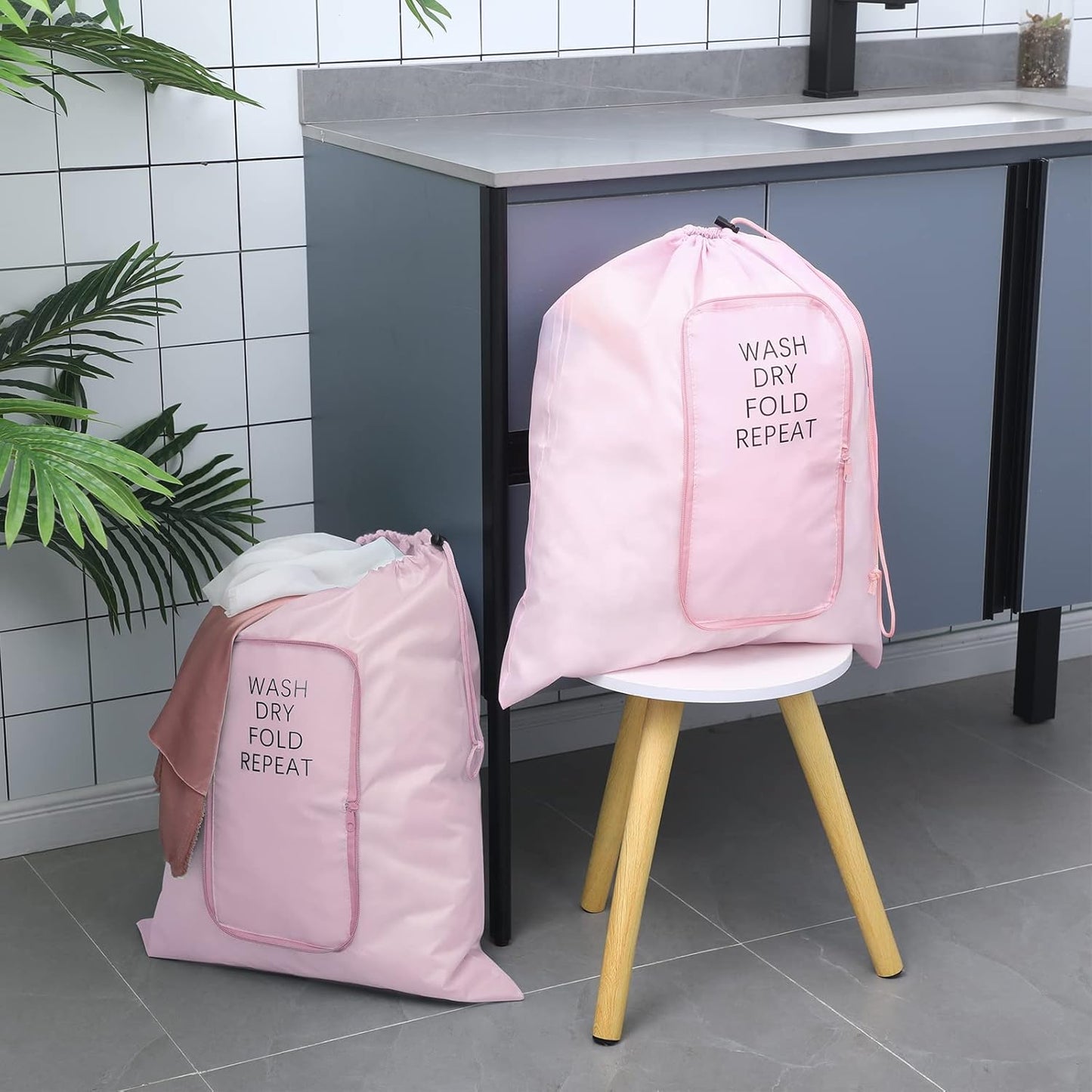 2 Pcs Travel Laundry Bag Washable Dirty Clothes Bag with Drawstring and Zipper for Suitcase, 22 x 18 Inch (Pink,Classic)