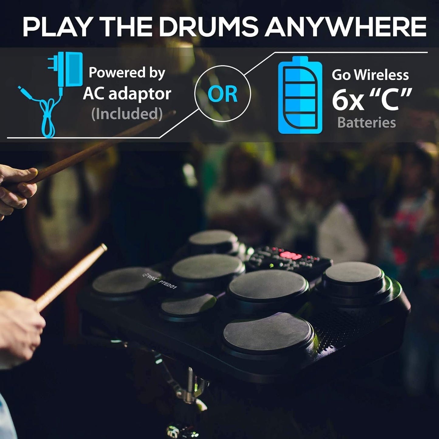 Pyle Electronic Tabletop Digital Drum Set, Compact Portable Drum Pad Kit w/ 8 Touch Sensitive Pads and Pedals, 600 Sounds, USB & Headphone Outputs, MIDI/AUX Inputs, 4x5” Drums & 4x3.5” Cymbals