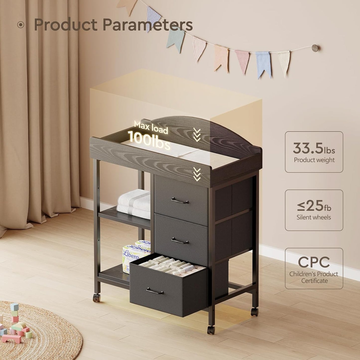 Changing Table Dresser, Baby Dresser with 3 Fabric Drawers and 2 Shelves, Multi-Functional Baby Changing Table with Pad, Classic Nursery Dresser, Diaper Changing Station for Nursery, Black