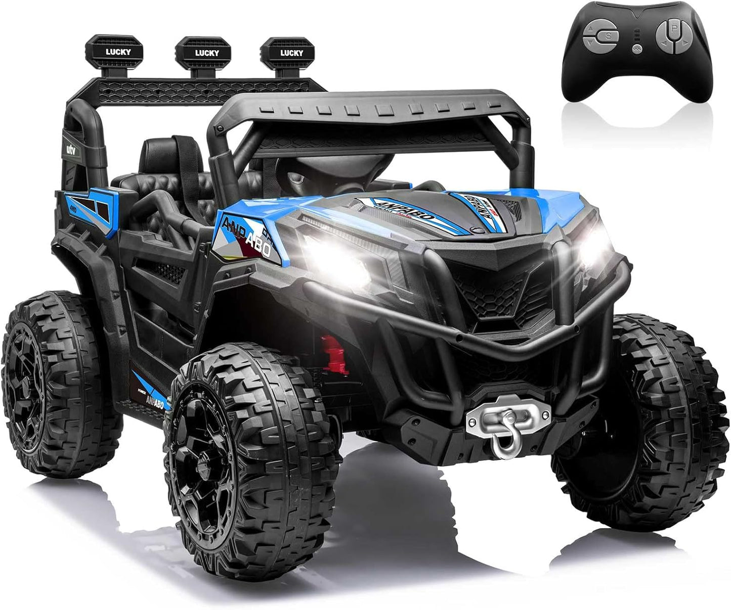 ANPABO 24V 4X4 Ride on Car Truck w/Remote Control, 4WD/2WD Switchable Kids UTV, 19" Spacious Seat, 4 Shock Absorbers, Soft Start, Music Player, Electric Car for Kids (Blue)