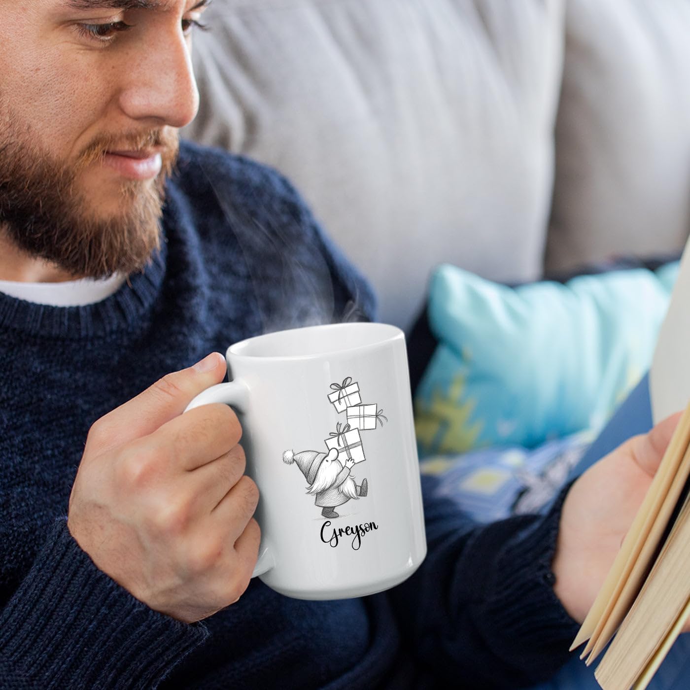 Cute Gnome With Box Accent Mug Cup Gift, Personalized Choose Name Gnome Ceramic Teacup 11 Oz 15 Oz, Unique Coffee Mug Gift For Gnomes Lover Kids Child Birthday, Custom Gnomes White Travel Mugs Gifts