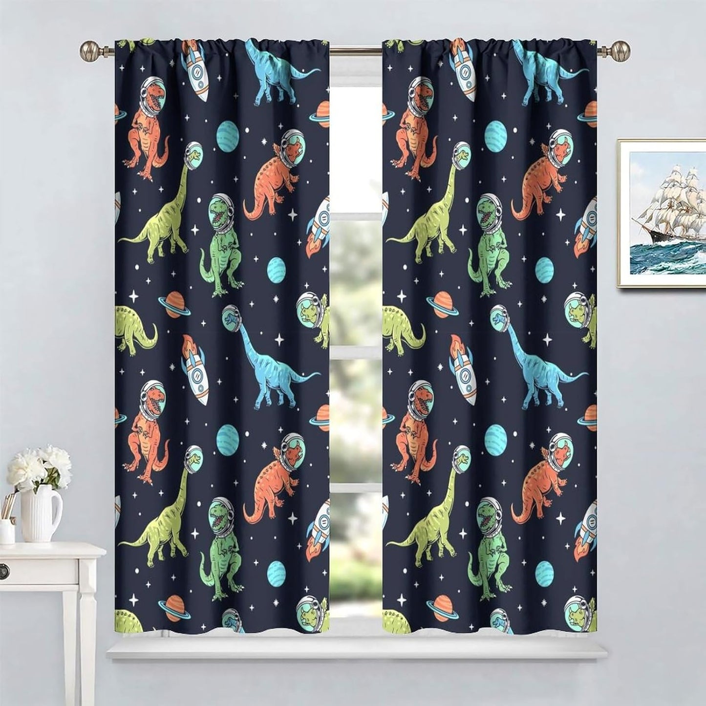 Cartoon Dinosaur Curtains for Kids Boys Girls Home Decor, Astronaut Rocket Funny Outer Space Blackout Rod Pocket Window Drapes for Bedroom Living Room W21xL54in 2 Panels