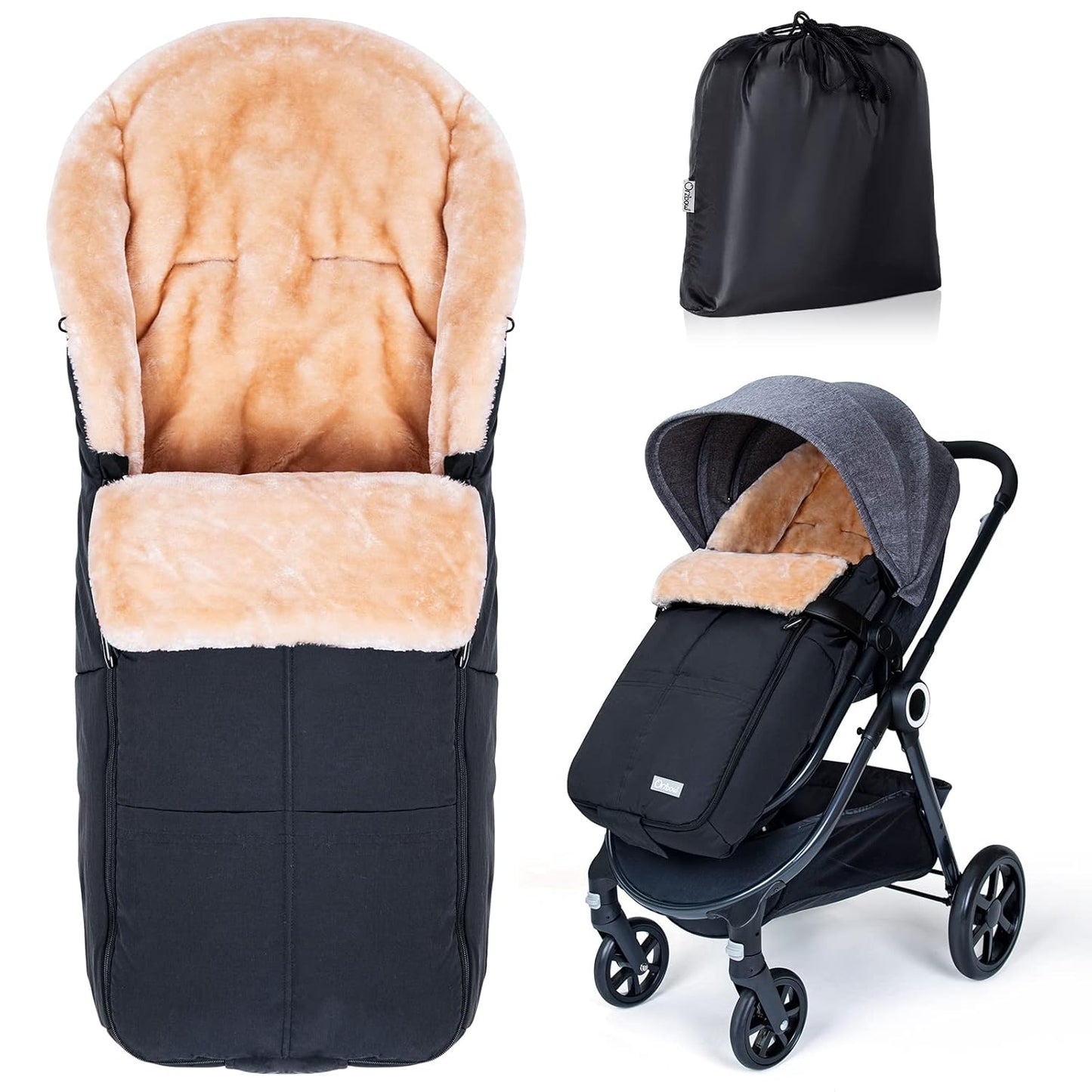 Orzbow Stroller Footmuff Universal | Faux Wool Baby Bunting Bag | Warm, Weather-proof, Adjustable Buckles | Winter Stroller Zipper Blanket Cover | Baby Sleeping Bag for Cold Weather Accessories, Black