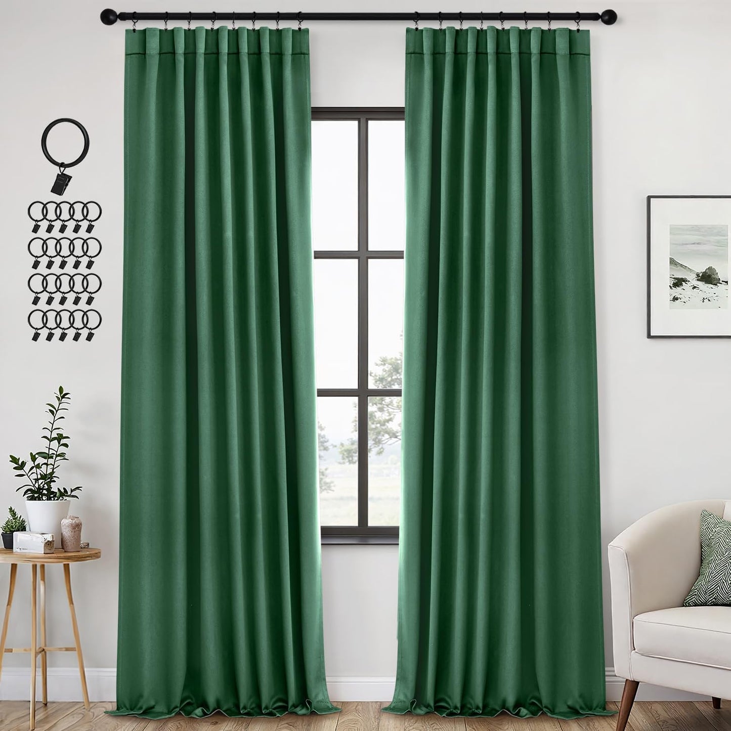 ANRODUO Back Tab Blackout Curtains for Bedroom Living Room, Rod Pocket Pinch Pleated Thermal Insulated Room Darkening Curtains 96 Inches Long 2 Panels, Hunter Green, 42 x 96 Inch