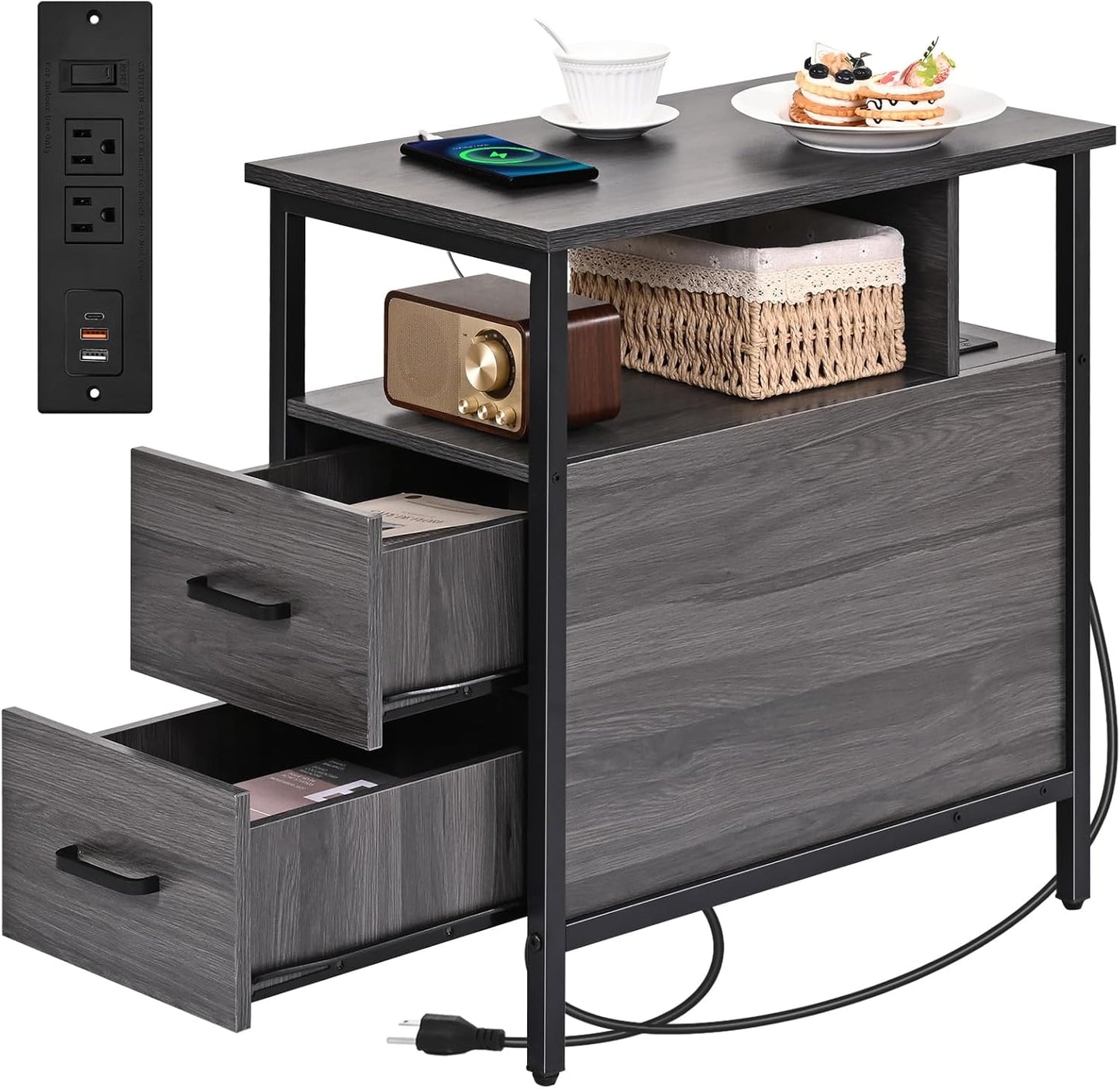 Side Table, End Tables with Charging Station, Narrow End Table with Wooden Drawers, USB Ports and Power Outlets, Nightstand and Bedside Table, End Table Living Room, Bedroom, Dark Grey