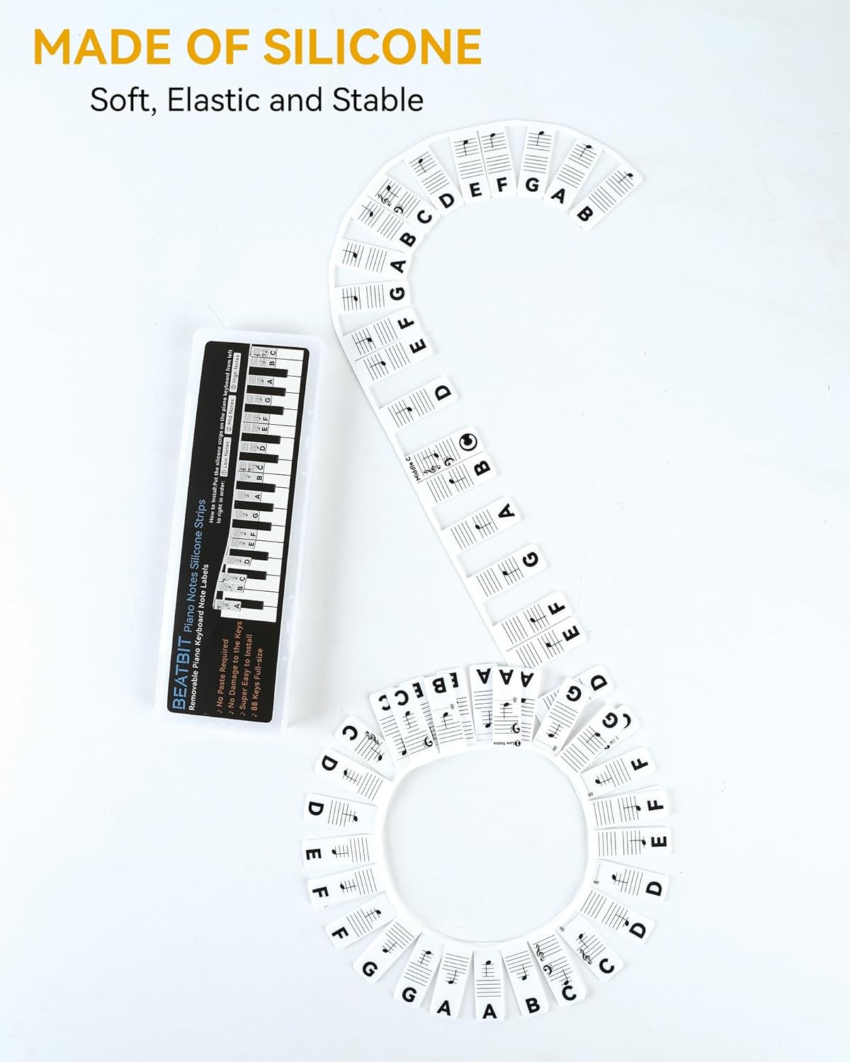 Piano Notes Guide for Beginner, Removable Piano Keyboard Note Labels for Learning, 88-Key Full Size, Made of Silicone, No Need Stickers, Reusable and Comes with Box (Classic Black）