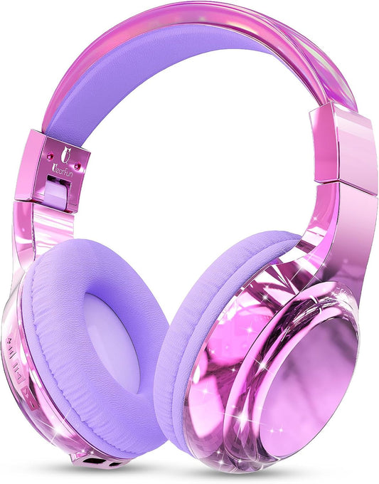 QearFun Kids Bluetooth 5.3 Headphones, Wireless Metallic Gradient Headset, Lightweight Foldable On Ear Headphones with Aux Cord, Fast Charging, Built-in Mic, for School/Travel/Tablet/iPad