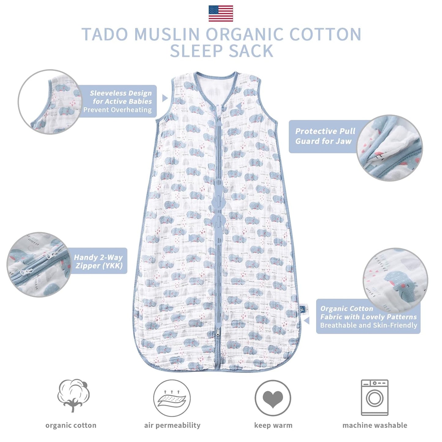 Baby Sleep Sack 6-12 Months Wearable Blanket for Babies 100% Organic Cotton 2-Way Zipper YKK 0.5 TOG Toddler Sleeping Sacks