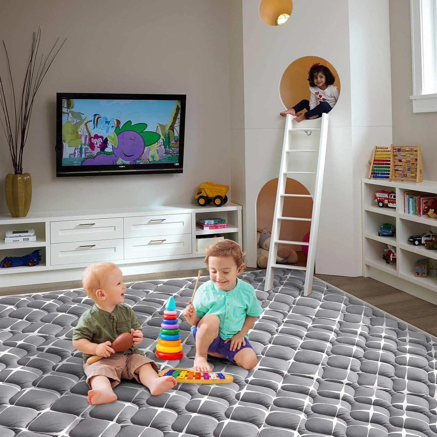 Vibe bear Baby Play Mat 6ft X 4ft, Thicker Foam One-Piece Crawling Mat, Extra Large Anti- Slip Crawling Mat Activity Playmats for Babies,Toddlers, Infants, Play & Tummy Time, Grey White, IY-21