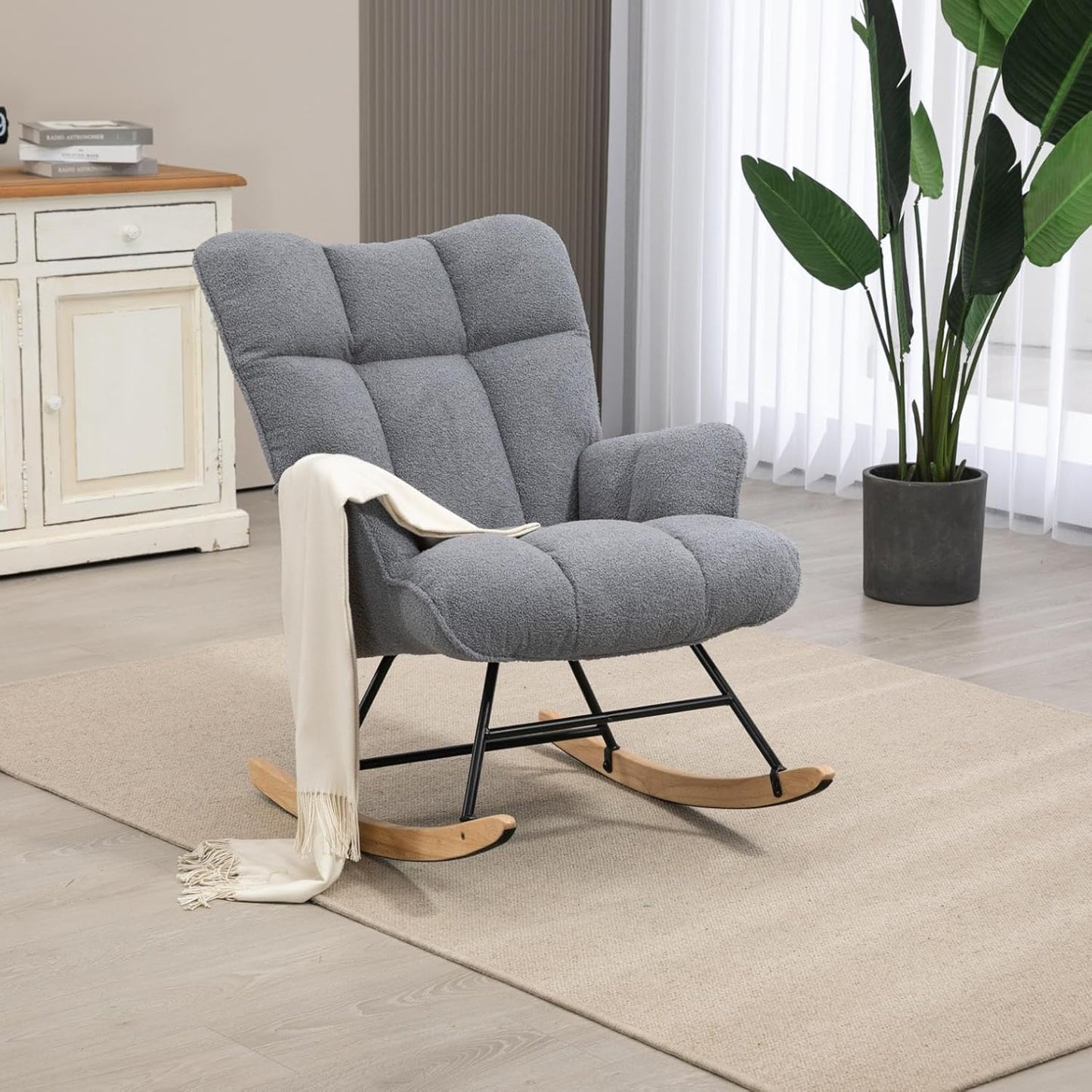 Rocking Chair Nursery Teddy Upholstered Glider Rocker Rocking Accent Chair Padded Seat with High Backrest Armchair Comfy Side Chair for Living Room Bedroom Offices (Darkgrey Teddy)