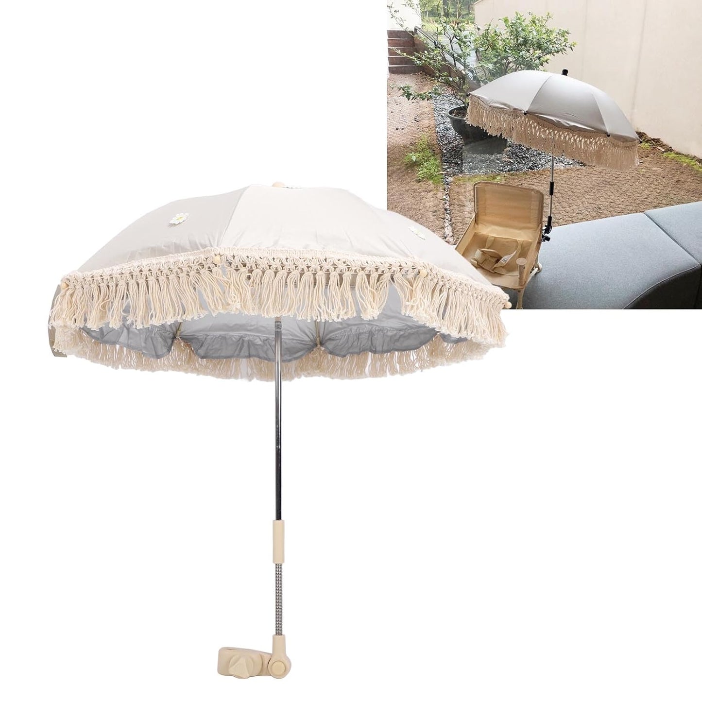 Baby Outdoor Parasols, Baby Stroller Parasol Umbrella with Adjustable Clamp, Toddler Parasol for Trolley Wheelchair Beach Chair, Outdoor Activities (Beige with