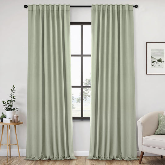 ANRODUO Extra Long 102 Inch Blackout Curtains Sage Green Room Darkening Light Blocking Curtains 2 Panels Set Thermal Insulated Blackout Drapes with Hooks, Rings, Clips