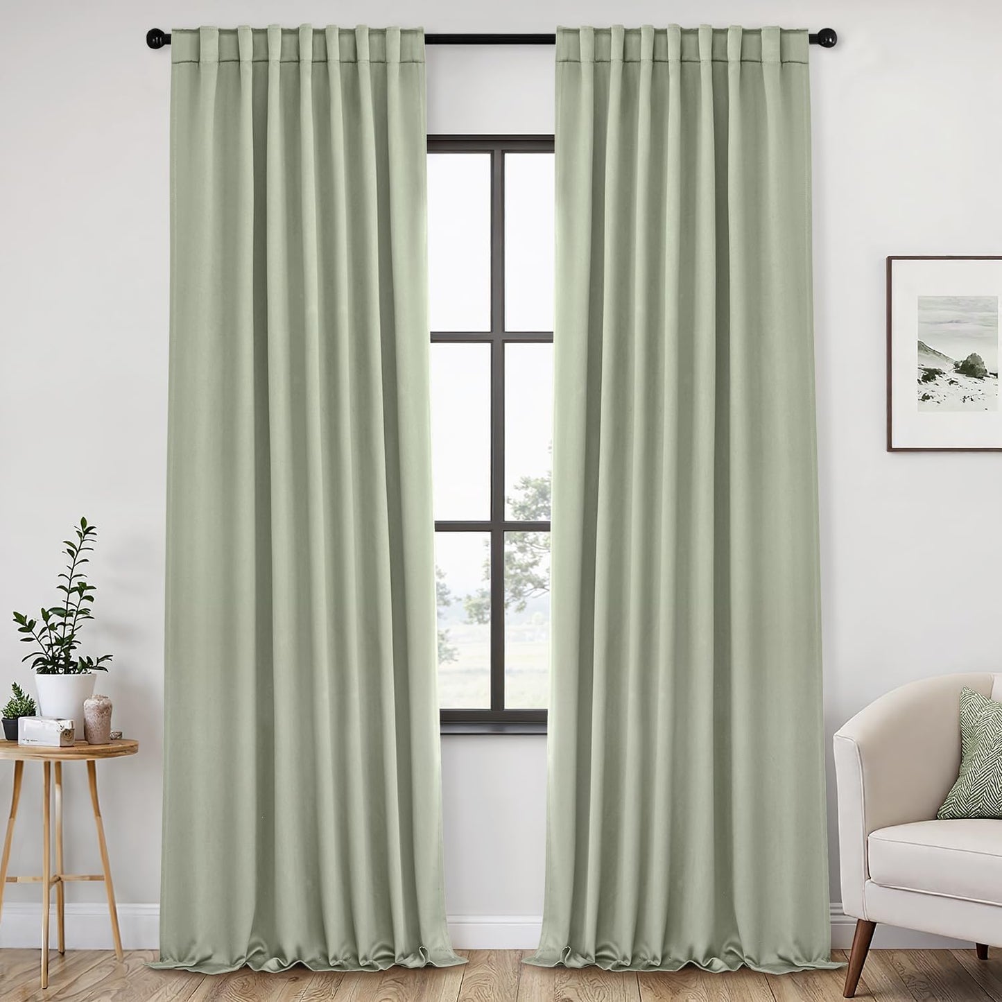ANRODUO Sage Green Room Darkening Curtains 96 Inch Long Thermal Insulated Black Out Drapes with Hooks, Rings, Clips Light Blocking Soundproof Soft Curtains for Bedroom Panels
