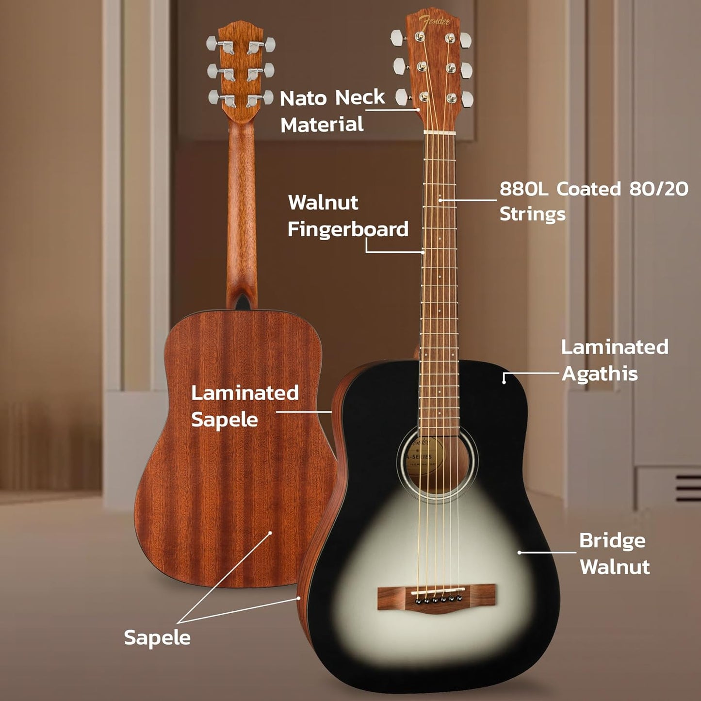 Fender FA-15 3/4-Scale Kids Steel String Acoustic Guitar - Moonlight Burst Bundle with Gig Bag, Tuner, Strap, Picks, Fender Play Online Lessons, and Austin Bazaar Instructional DVD
