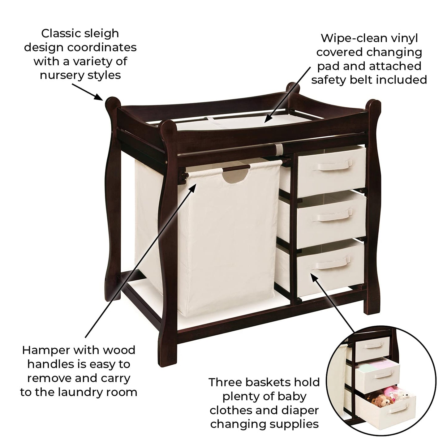 Badger Basket Sleigh-Style Baby Changing Table - Diaper Changing Station with 3 Storage Baskets - Nursery Organizer with Hamper, Changing Pad, Safety Rails - Espresso