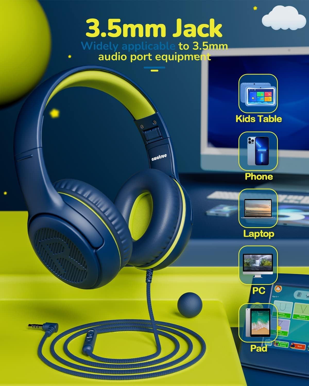 Kids Headphones Wired Toddler Headphones with Microphone - Over-Ear Headphones, 85/94dB Volume-Limiting, 3.5mm Jack Foldable On-Ear Design, Safe Comfortable for Boys Girls Learning Entertainment Black