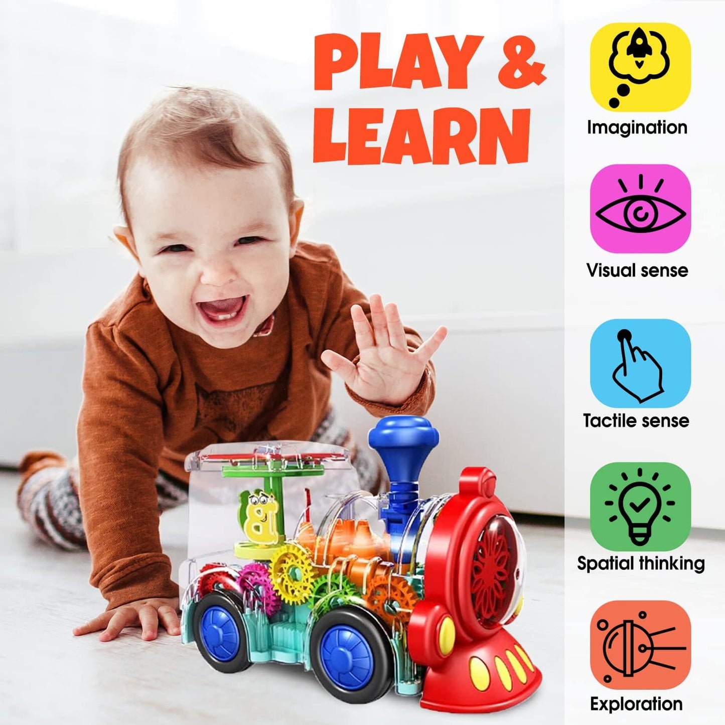 Transparent Sensory Train Toy - Fun and Interactive Toy for Kids - Music Train with LED Light up - Colorful Moving Gears -Tummy Time Crawling Baby Toys - Birthday Gift Idea for Boys & Girls