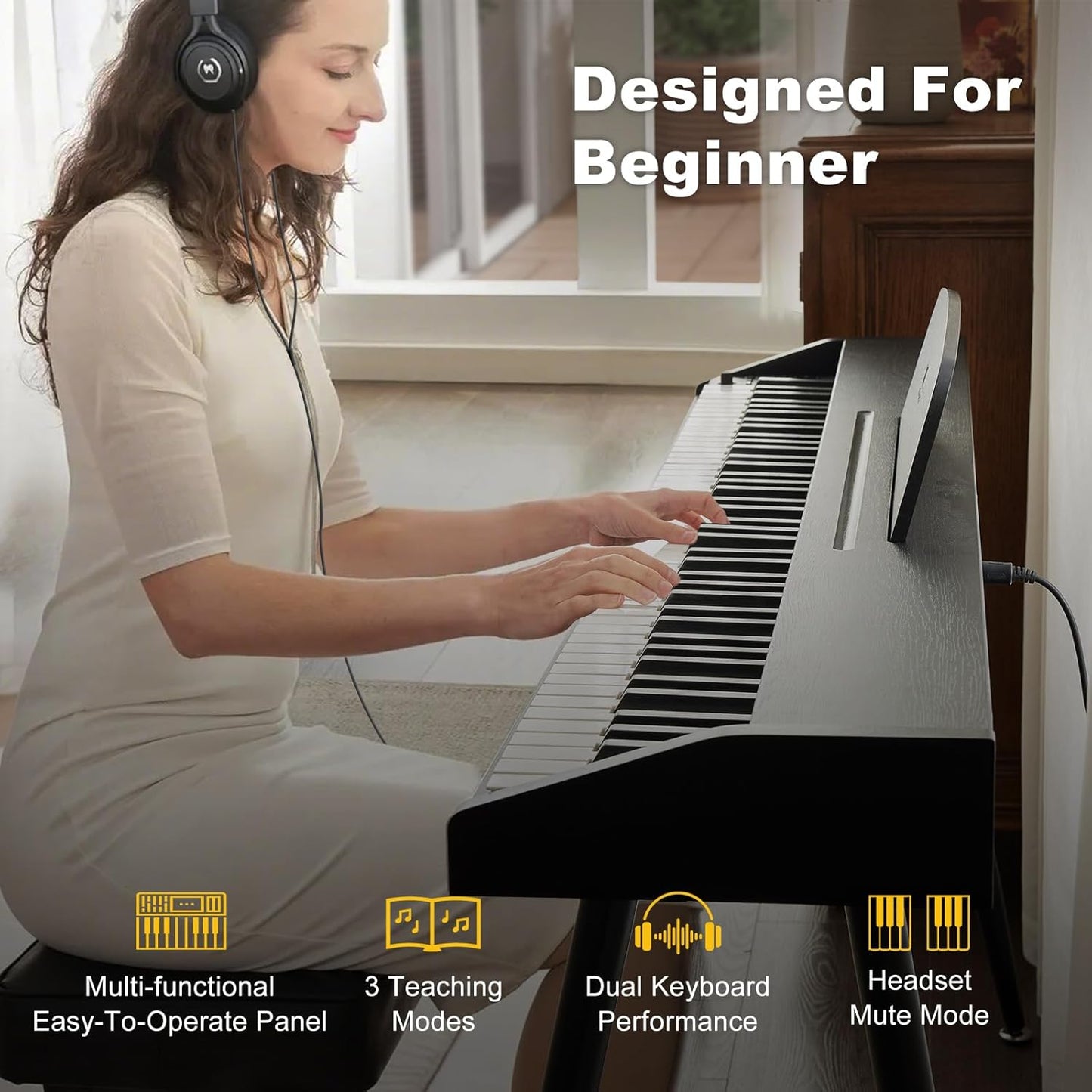 MUSTAR 88 Key Piano Keyboard with Piano Bench, Digital Piano 88 Semi Weighted Keys, Portable Electric Piano with Storage Stool, 3 Pedals, Built-In Speakers, USB/MIDI, Black