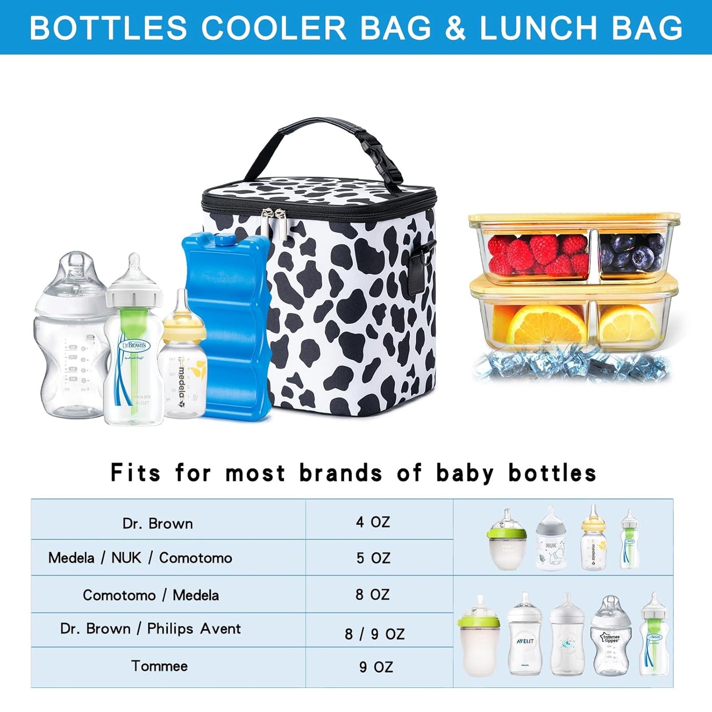 Breastmilk Cooler Bag with Ice Pack Fits 6 Baby Bottles Up to 9 Ounce, Baby Bottle Bag with Shoulder Strap for Nursing Mom Daycare, Cow