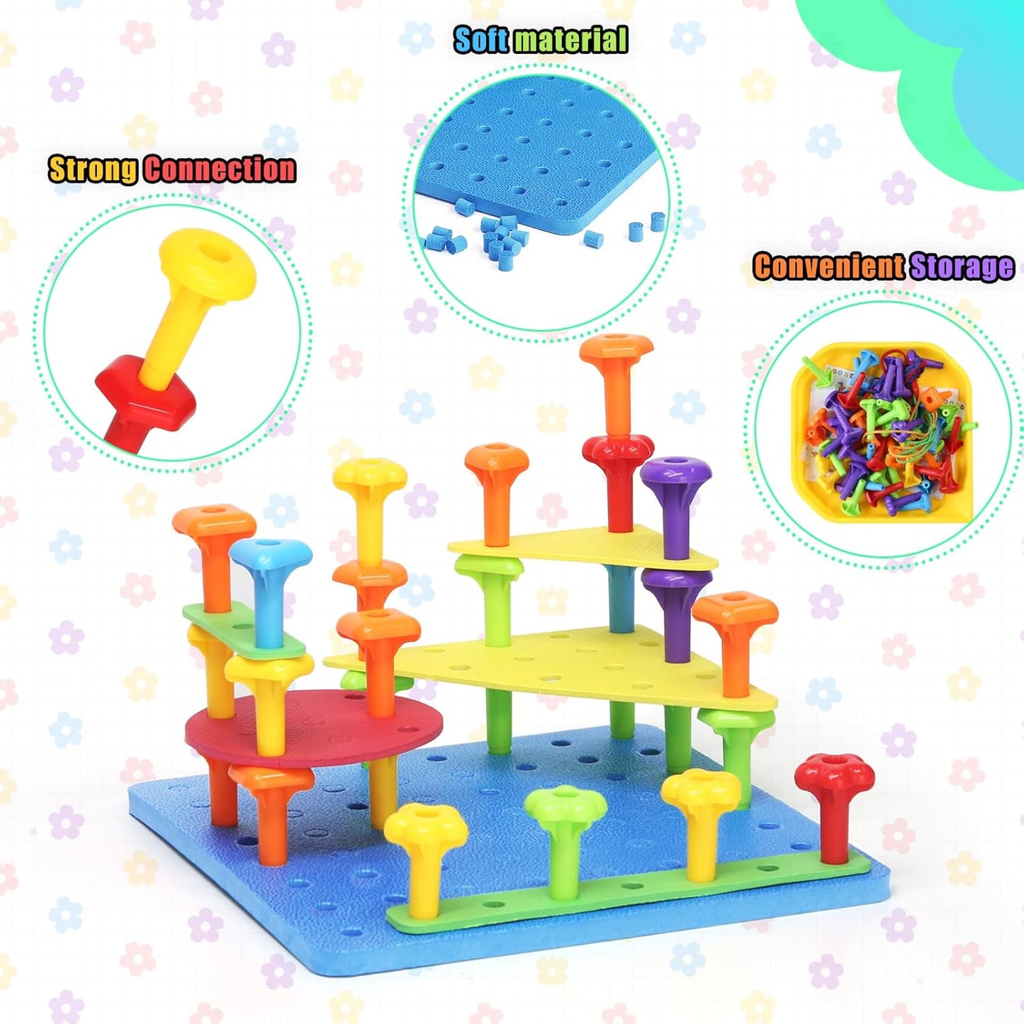 Peg Board Toy set 73Pcs DIY Building Stacking Toys for Kids 3-6 Years Old,STEM Educational Kids Toy for Brain Development,Montessori Sensory Toys,Upgrade Various Foam Board Plastic Lacing String Game