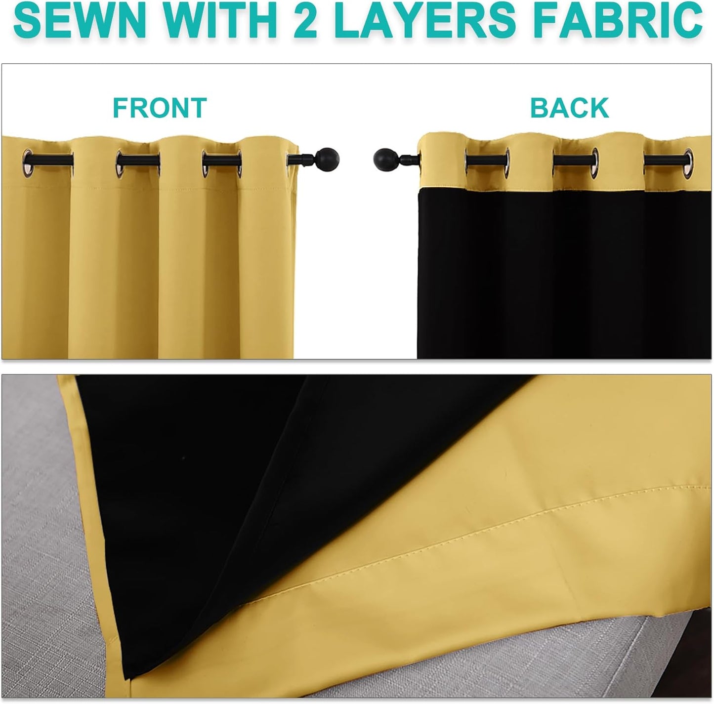 NICETOWN Bright Yellow Full Shade Curtain Panels, Pair of Energy Smart & Noise Blocking Out Blackout Drapes for Dining Room Window, Thermal Insulated Guest Room Lined Window Dressing(62 x 72 inch)